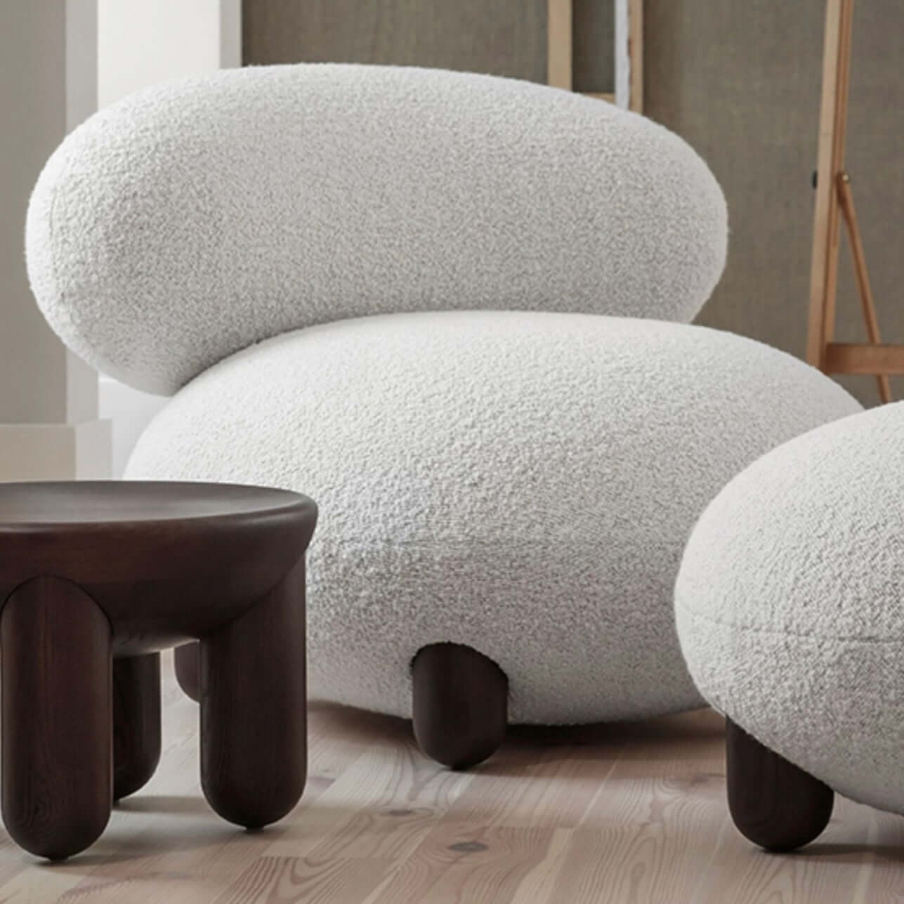 Japandi Style White Boucle Sherpa Round Accent Chair with Wooden Legs & Ottoman - Modern Scandinavian Minimalist Lounge Chair for Living Room, Bedroom or Office