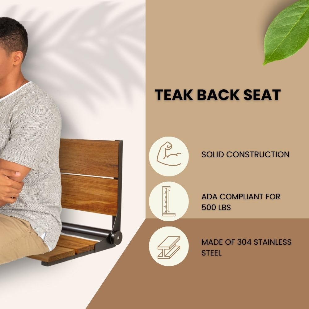 Premium Teak Shower Seat with Backrest - ADA Compliant Folding Wall Mount Bath Bench for Elderly, Disabled & Bariatric Users - 304 Stainless Steel Frame Supports 500 lbs - Oil Rubbed Bronze Finish (26