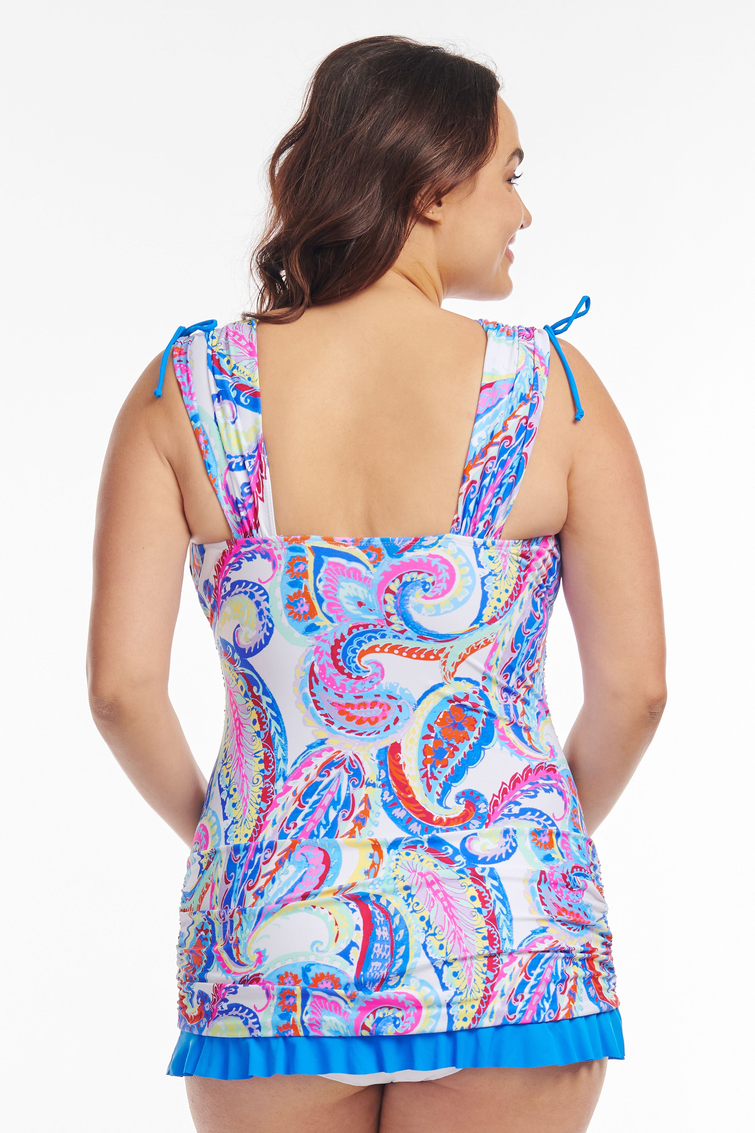 Plus Size One Piece Swimdress - Flattering Grecian Skater Design with Ruched Details in Elegant French Paisley White | Perfect for Beach Vacations, Pool Parties & Summer Getaways