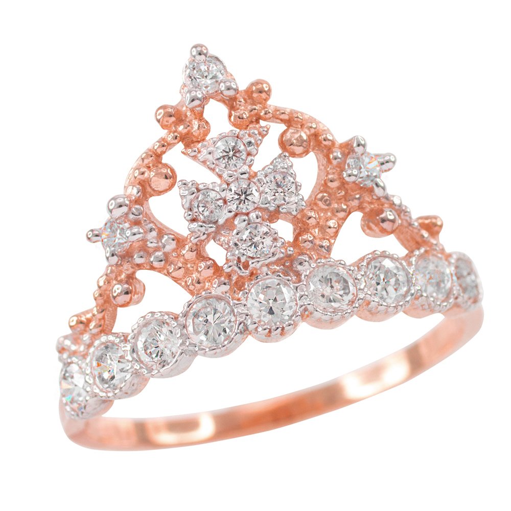 10k Rose Gold Crown Cross CZ Band Ring - Dainty Modern Contemporary Jewelry for Women | Perfect for Weddings, Anniversaries & Everyday Elegance