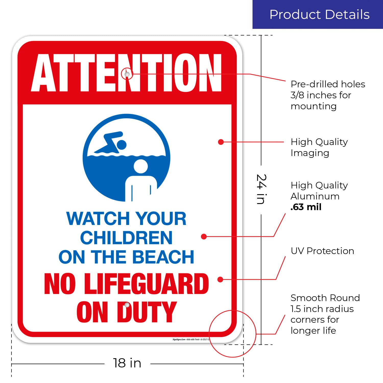 Vigilant Beach Safety Sign - 'Attention: Watch Your Children, No Lifeguard On Duty' - 18x24 Inch Rust-Free .063 Aluminum Sign - Fade Resistant for Indoor/Outdoor Use - Made in USA - Perfect for Coastal Areas, Pools & Public Safety Awareness