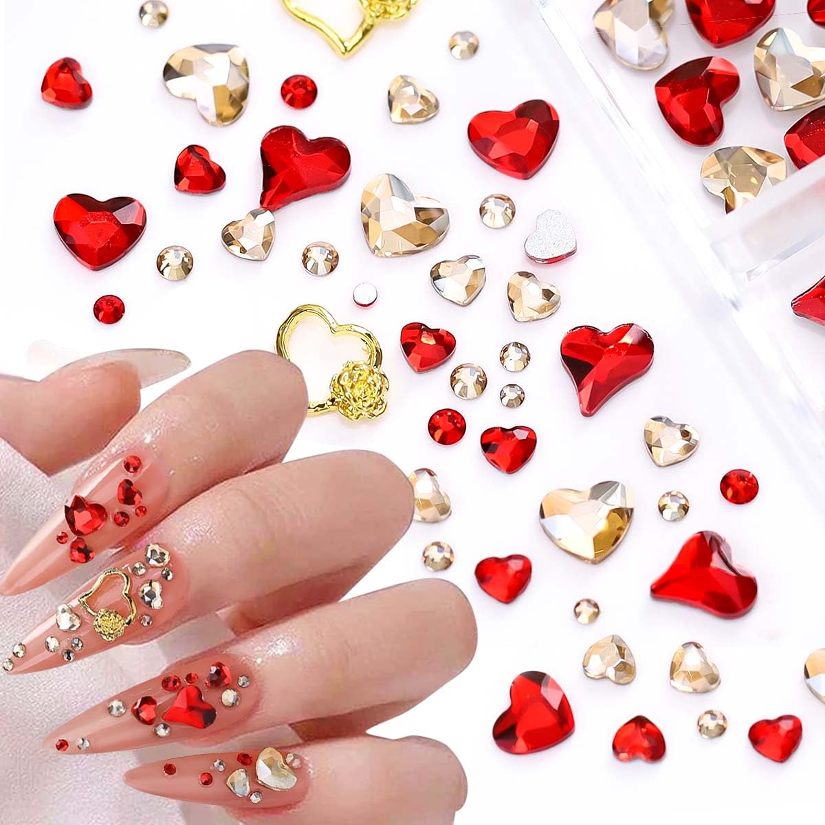 3D Red Heart Nail Charms - Valentine's Day Nail Art Decorations with Shiny Rhinestones | Flatback Gems for DIY Nail Design, Manicure Accessories & Craft Jewelry | Perfect for Valentine's Gifts, Bridal Nails, Party Manicures and Special Occasions