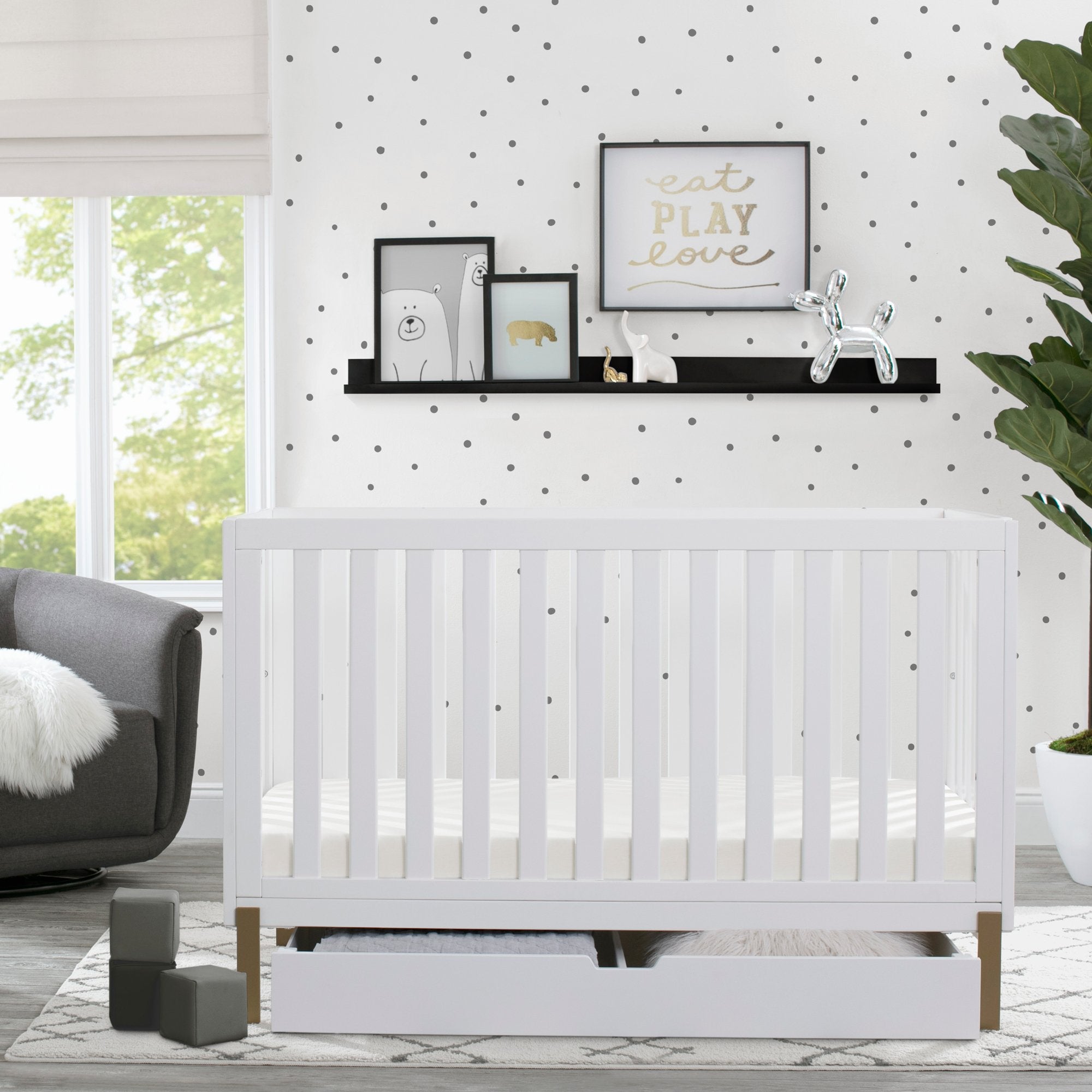 Hendrix 4-in-1 Convertible Baby Crib with Under Crib Storage Drawer - White Nursery Furniture for Newborn to Toddler Bed - Perfect for Small Spaces & Modern Nurseries