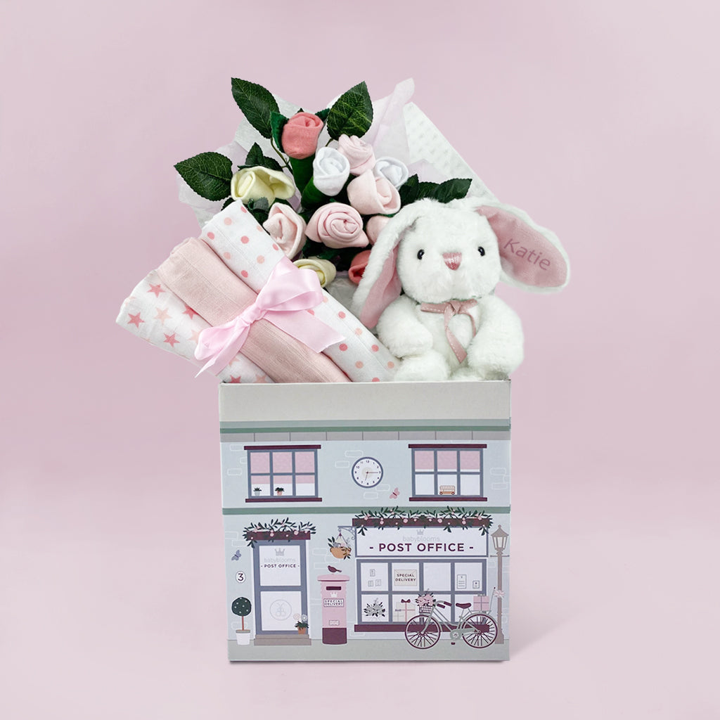 Personalized Pink Bunny Baby Gift Basket - Newborn Welcome Hamper for Baby Showers, Birthdays & Nursery Decor