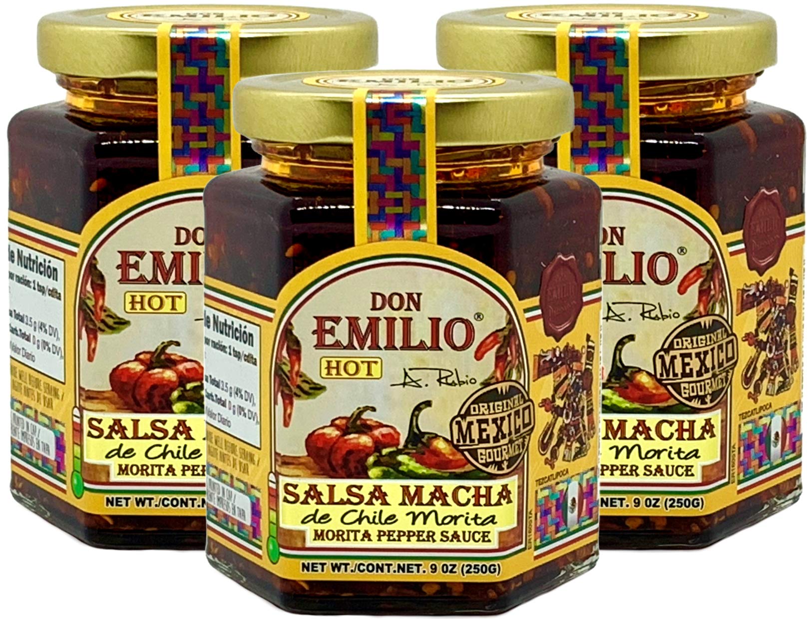 Don Emilio Salsa Macha Hot Chili Sauce - Spicy Chili Crisp Oil with Morita Peppers, Natural Chili Paste (3 Pack, 9 oz Each) - Perfect for Tacos, Nachos, Wings & Asian Dishes