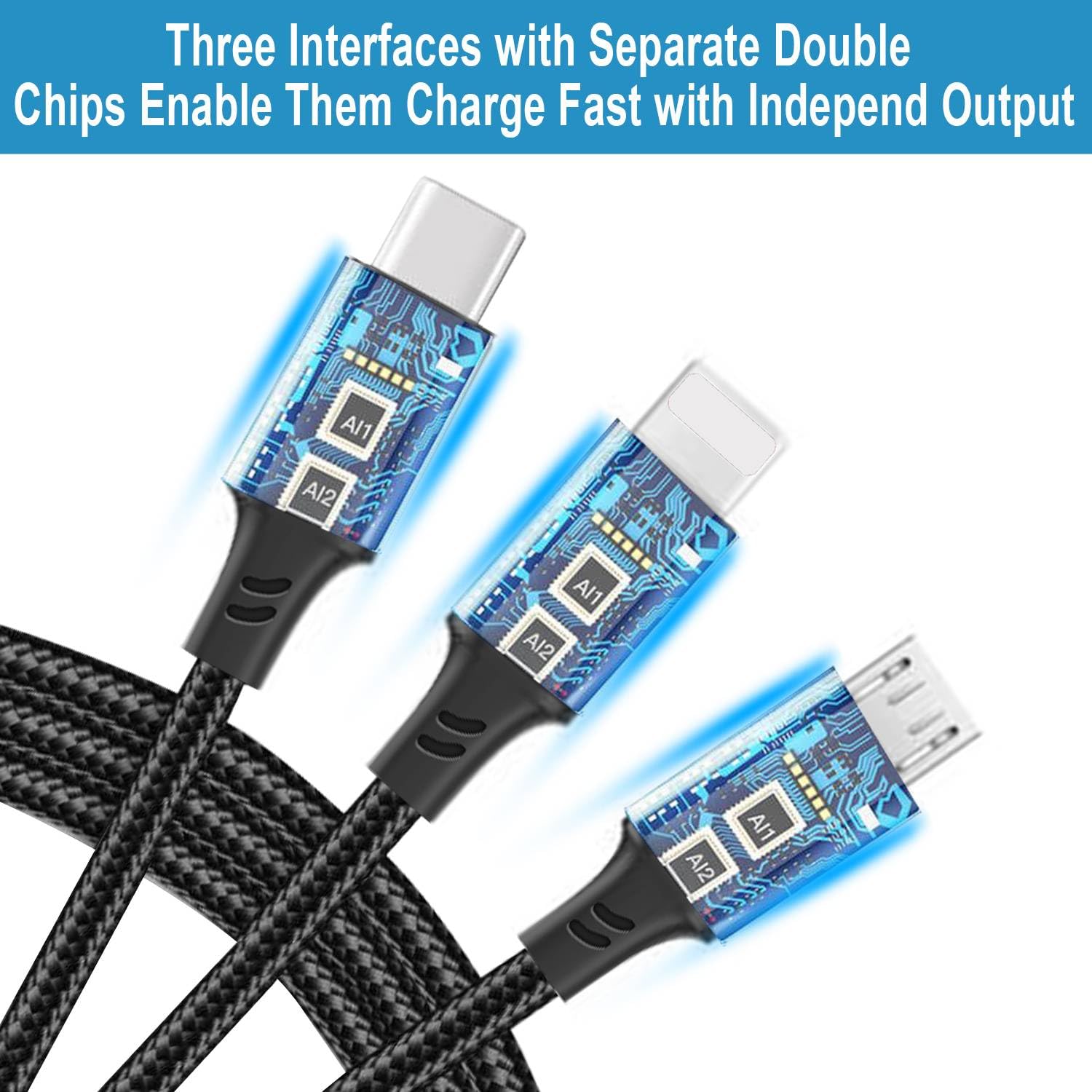 3 in 1 Multi Charging Cable - Triple USB C/Micro/Lightning Charger Cord for iPhone 15/14/13, Samsung Galaxy S23/S22, iPad, Android Phones & Tablets (2 Pack 4FT) - Perfect for Home, Office, Travel & Car Charging