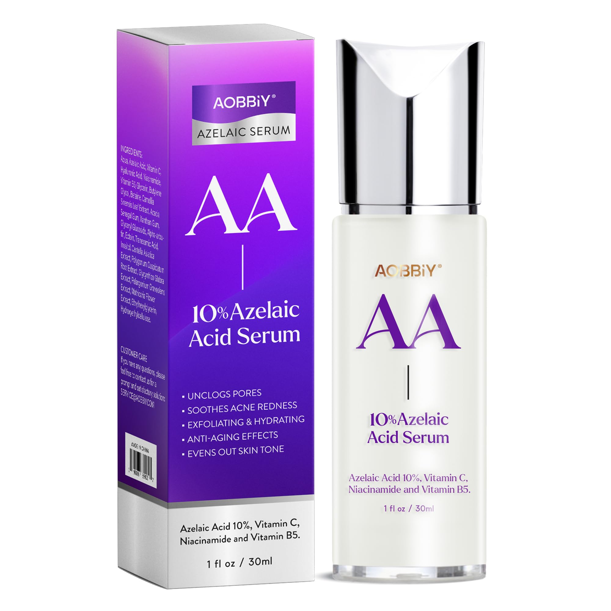 10% Azelaic Acid Serum for Acne Treatment & Skin Brightening - Rosacea Care with Niacinamide & Vitamin C - Redness Relief Facial Serum (1 Fl Oz/30ml) - Perfect for Morning & Night Skincare Routine