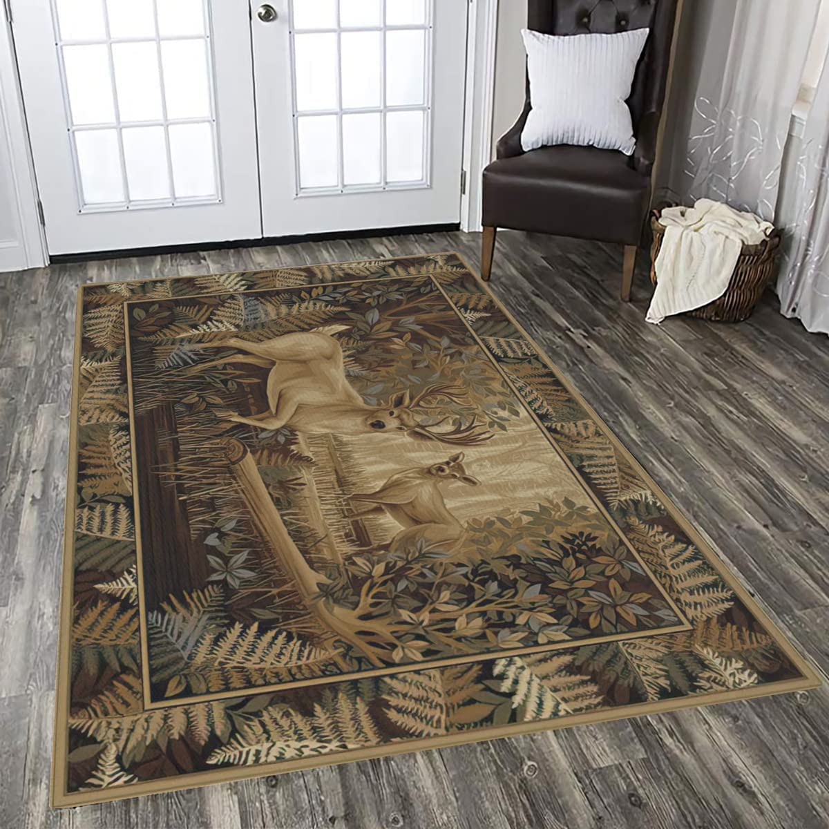 5x8 ft Deer Silhouette Forest Landscape Area Rug - Contemporary Geometric Design for Living Room, Bedroom, Nursery - Rustic Cabin Decor with Nature Inspired Deer Head Pattern - Perfect for Cozy Home, Cabin, or Lodge Style Decorating