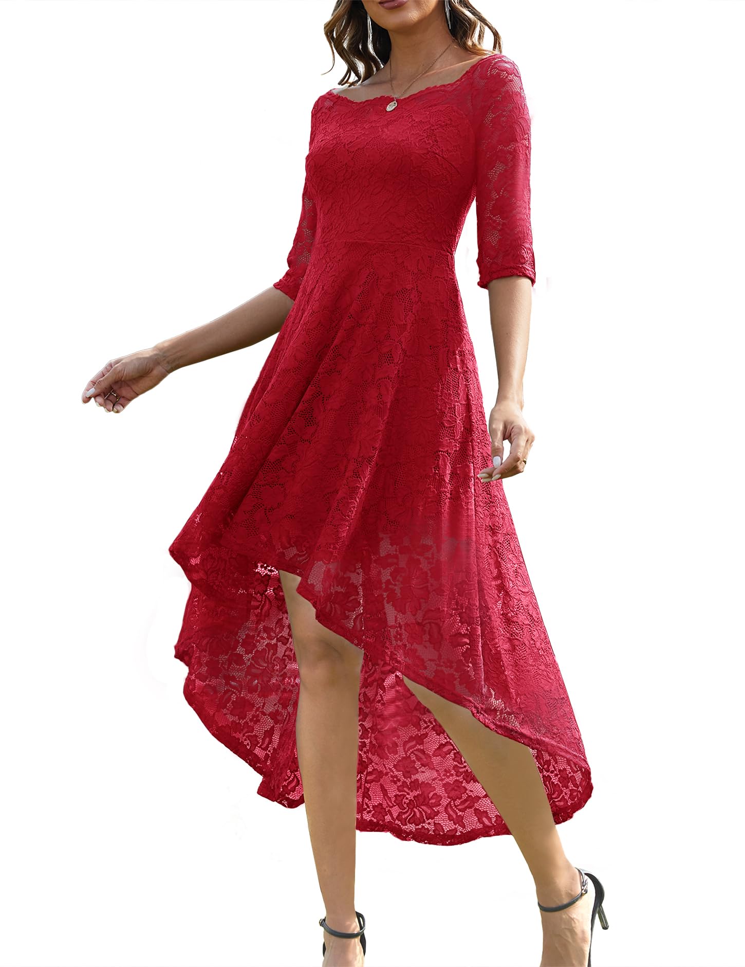 MUADRESS Women's Floral Lace Bridesmaid Party Dress - High Low Hem V-Neck Formal Gown for Wedding, Cocktail, Prom & Special Occasions | Elegant Evening Wear for Bridal Shower, Anniversary & Black Tie Events