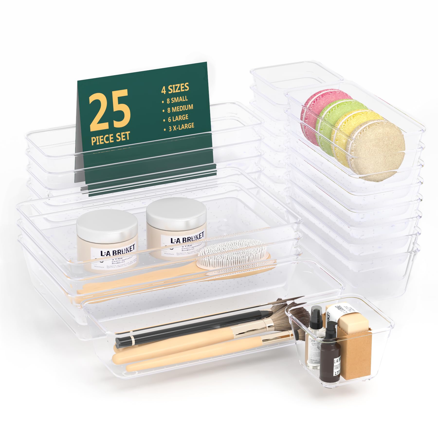 JIUYOTREE 25-Piece Clear Plastic Drawer Organizer Set - 4 Sizes for Makeup, Jewelry, Office & Bathroom Storage | Space-Saving Trays for Cosmetics, Gadgets, Utensils & Accessories | Perfect for Vanity, Dresser, Desk & Closet Organization