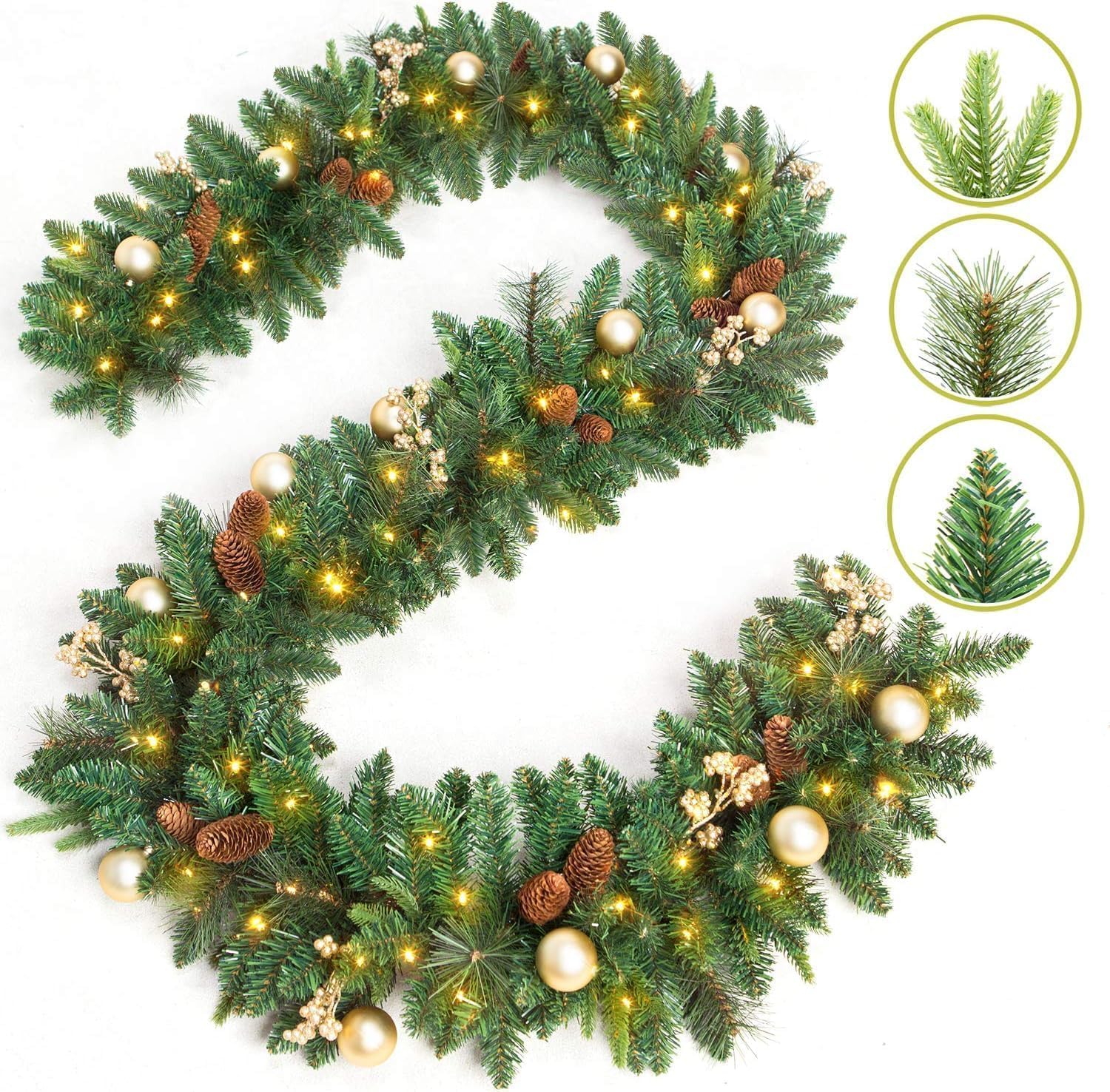 9 FT Prelit Christmas Garland with 50 Warm White LED Lights - Battery Operated Pine Cone Greenery Garland with Timer for Indoor/Outdoor Holiday Decor - Perfect for Front Door, Mantle, Staircase & Christmas Tree Decoration