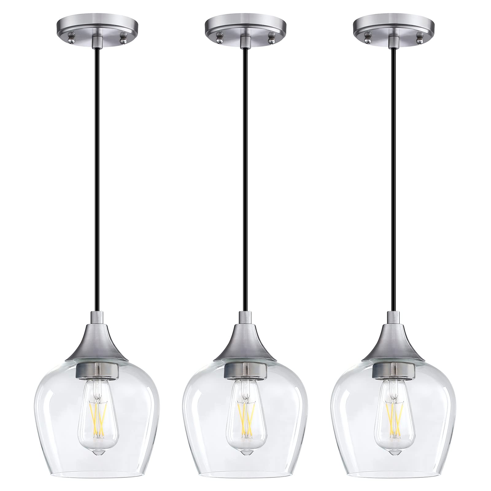 3 Pack Mini Hanging Pendant Lights - Brushed Nickel Finish with Clear Glass Shades for Kitchen Island, Dining Room & Bar | Modern Indoor Lighting Fixture for Home Decor