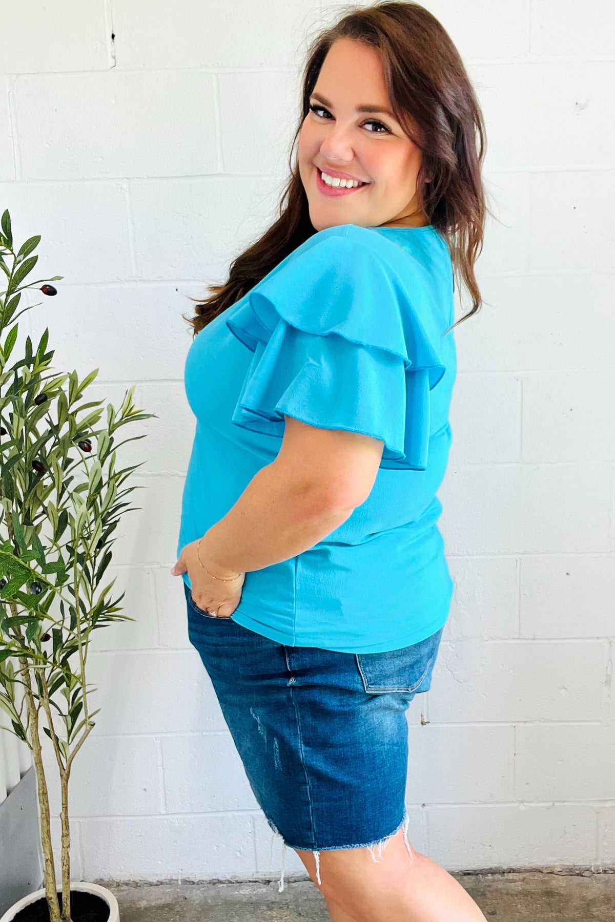 Stylish Blue Tiered Double Ruffle Sleeve Woven Top for Women | Casual Summer Blouse | Perfect for Dates, Office & Outdoor Events
