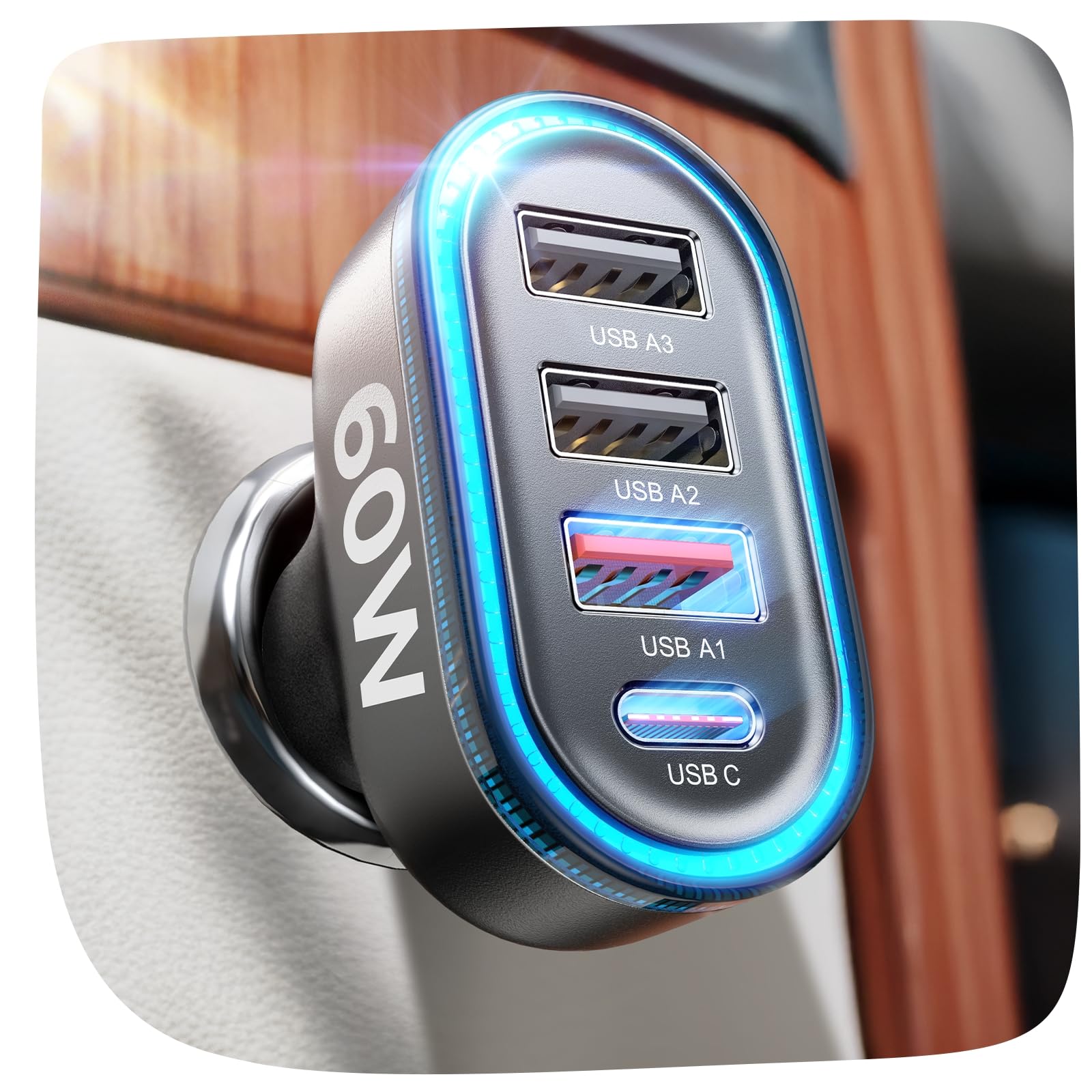 LISEN 60W Fast Car USB Charger with PD & QC3.0 - 4-Port USB Cigarette Lighter Adapter for iPhone 16/15/14/13/12 Pro Max, Samsung S25/S24, Dash Cam, Drone, Camera - Perfect for Road Trips & Travel Accessories