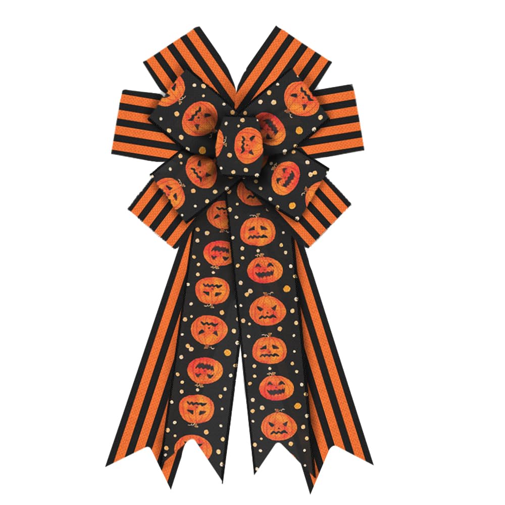 Halloween Wreath Bows - Large Orange Striped Pumpkin Print Burlap Ribbon Bows for Wreaths, Tree Toppers & Home Decor | Indoor/Outdoor Halloween Decoration Supplies for Doors, Mantels & Party Decor