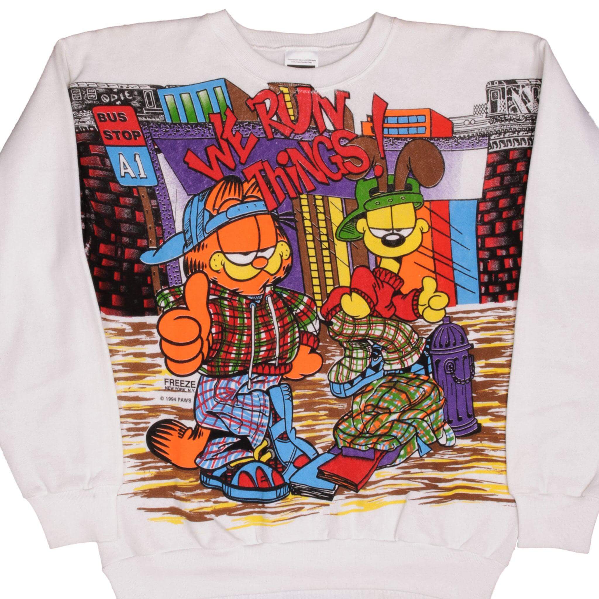 Vintage 1994 Garfield All Over Print Sweatshirt by Freeze New York - Size Large - Retro Cartoon Fashion for Casual Wear & Collectors