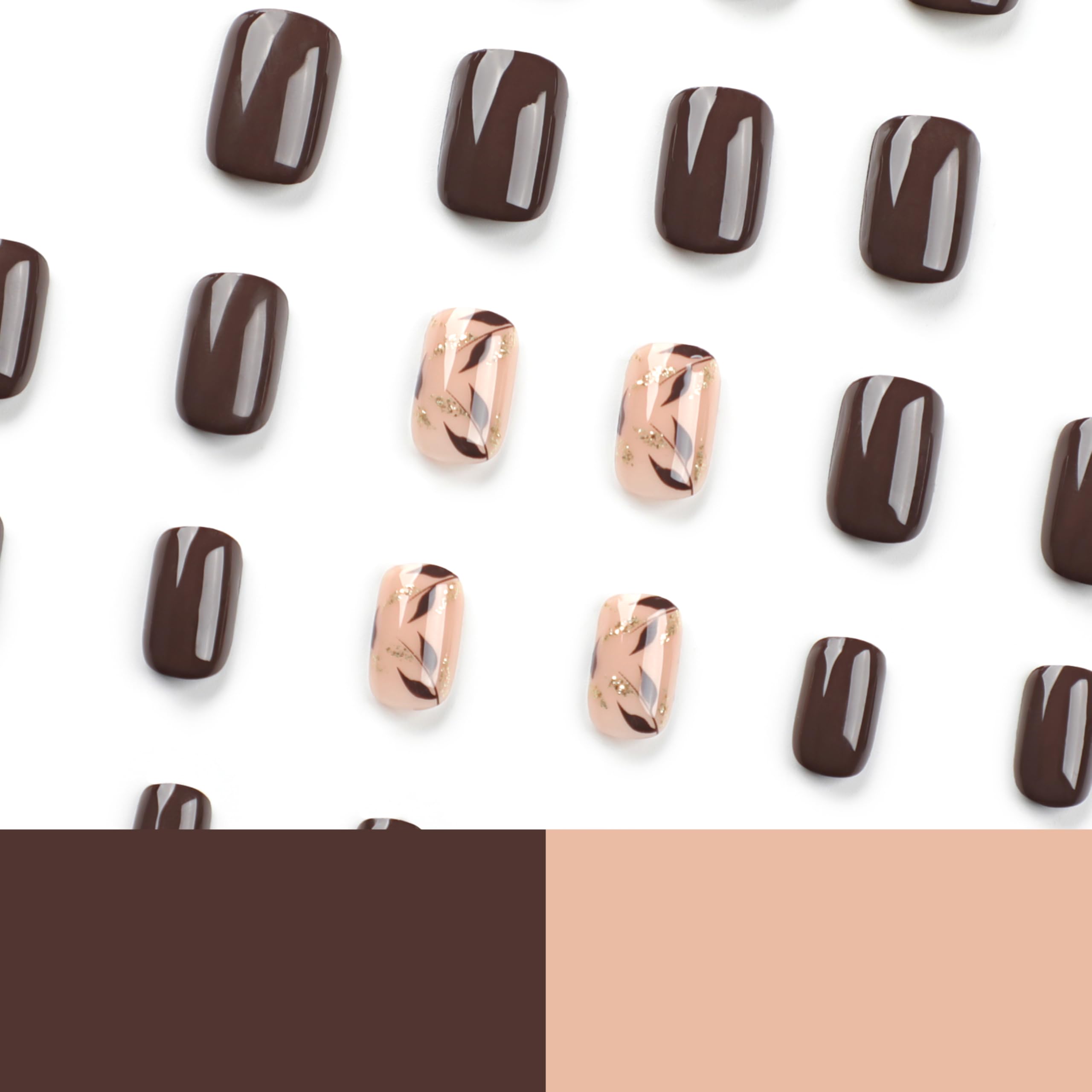 Dark Brown Press on Nails Short Square Fake Nails with Golden Leaf Accents & Glitter Designs - Glossy Gel Finish Acrylic Short Fake Nails Kit for Women (24Pcs) - Perfect for Parties, Weddings, Date Nights & Everyday Wear