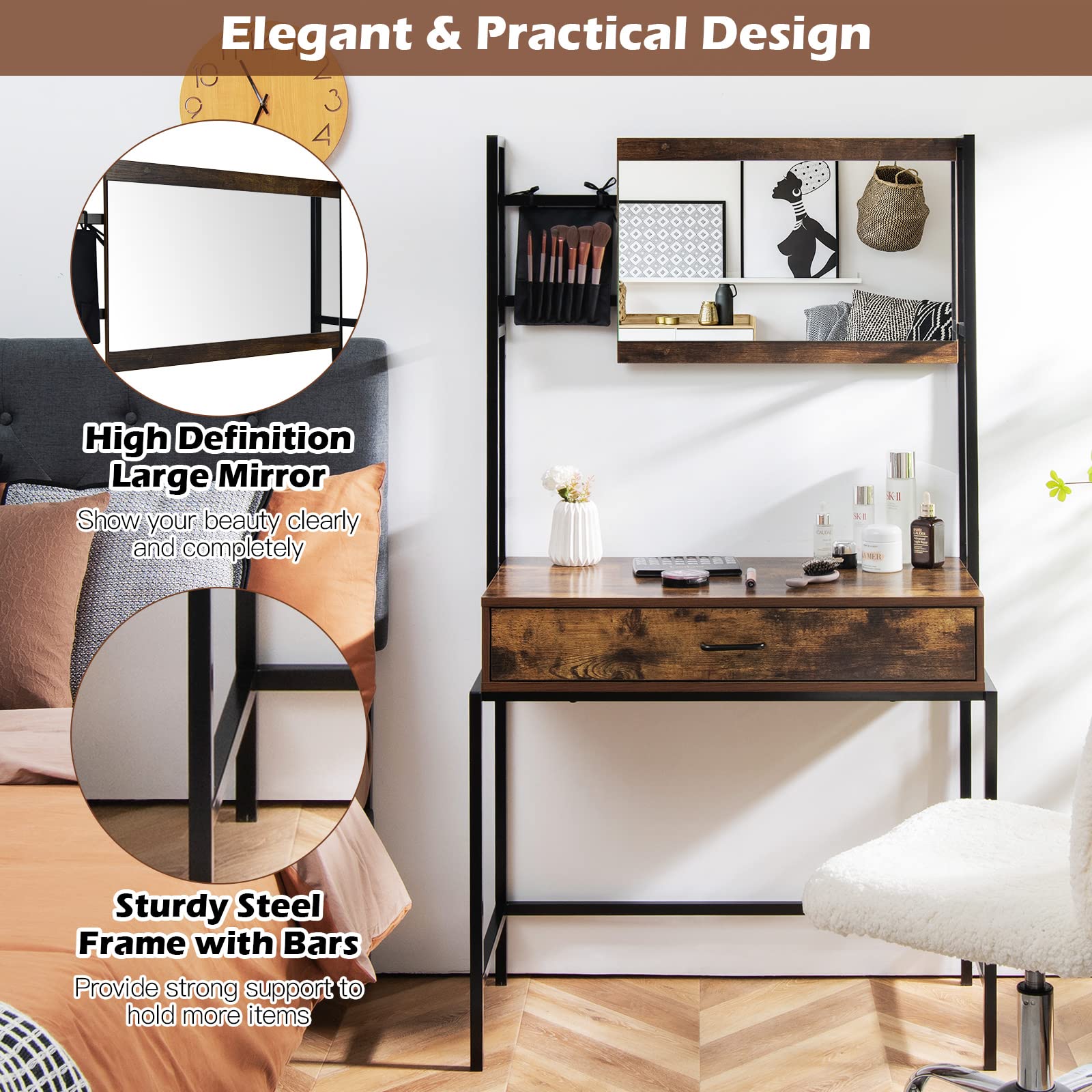 GOFLAME Adjustable Vanity Table with 3-Position Mirror, Makeup Dressing Desk with Cosmetic Brush Holder & Large Drawer - Perfect for Bedroom, Dressing Room & Entryway Organization