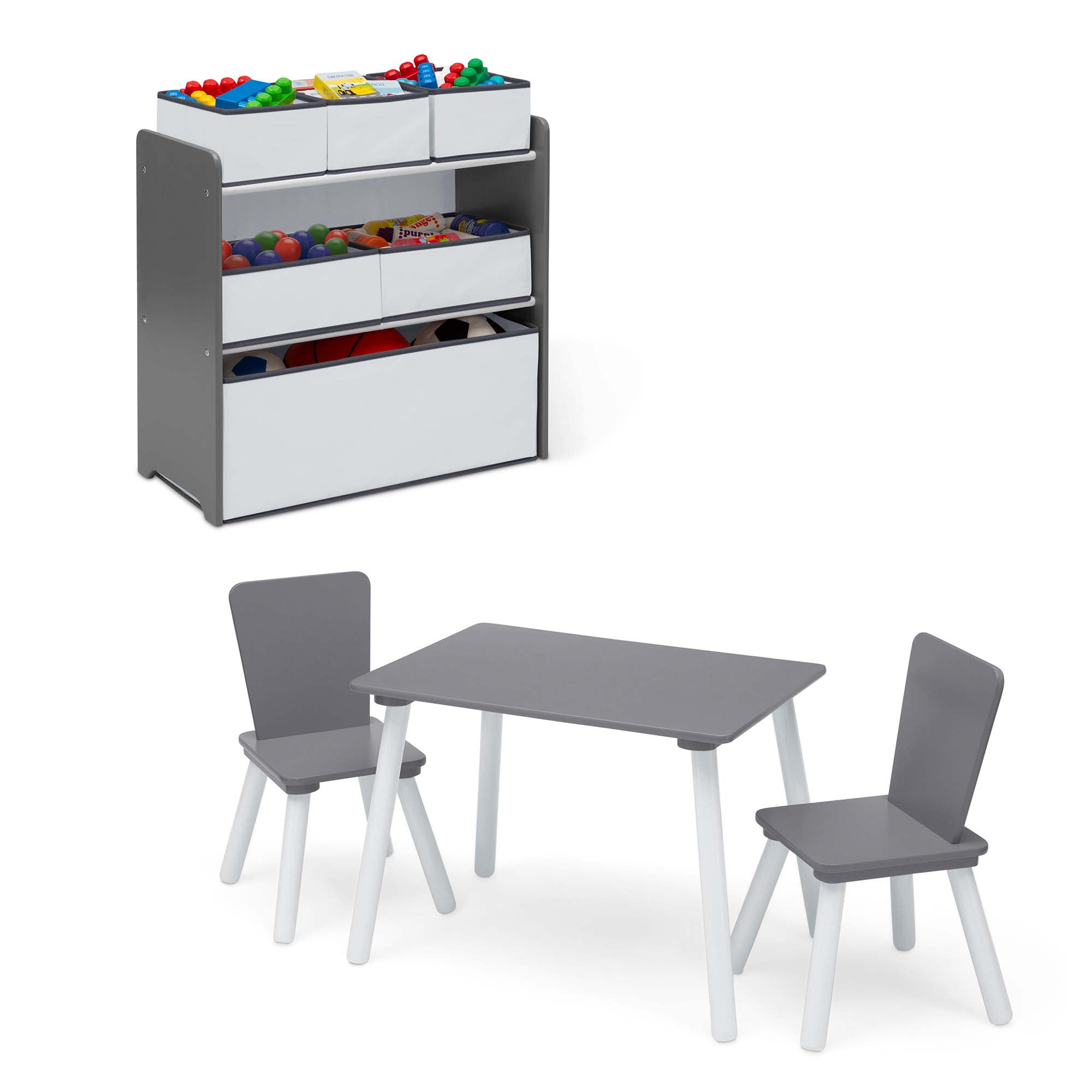 4 Piece Toddler Playroom Set - Kids Activity Table with 6 Bin Toy Storage Organizer & Reusable Vinyl Wall Stickers - Perfect for Preschool Learning & Playroom Organization