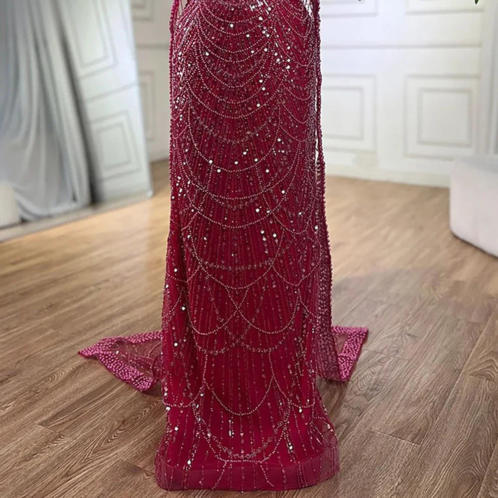 Luxury Dubai Saudi Arabia Blue Mermaid Cape Sleeve Beaded Evening Gown LA72160A - Elegant Formal Dress for Prom, Gala & Red Carpet Events