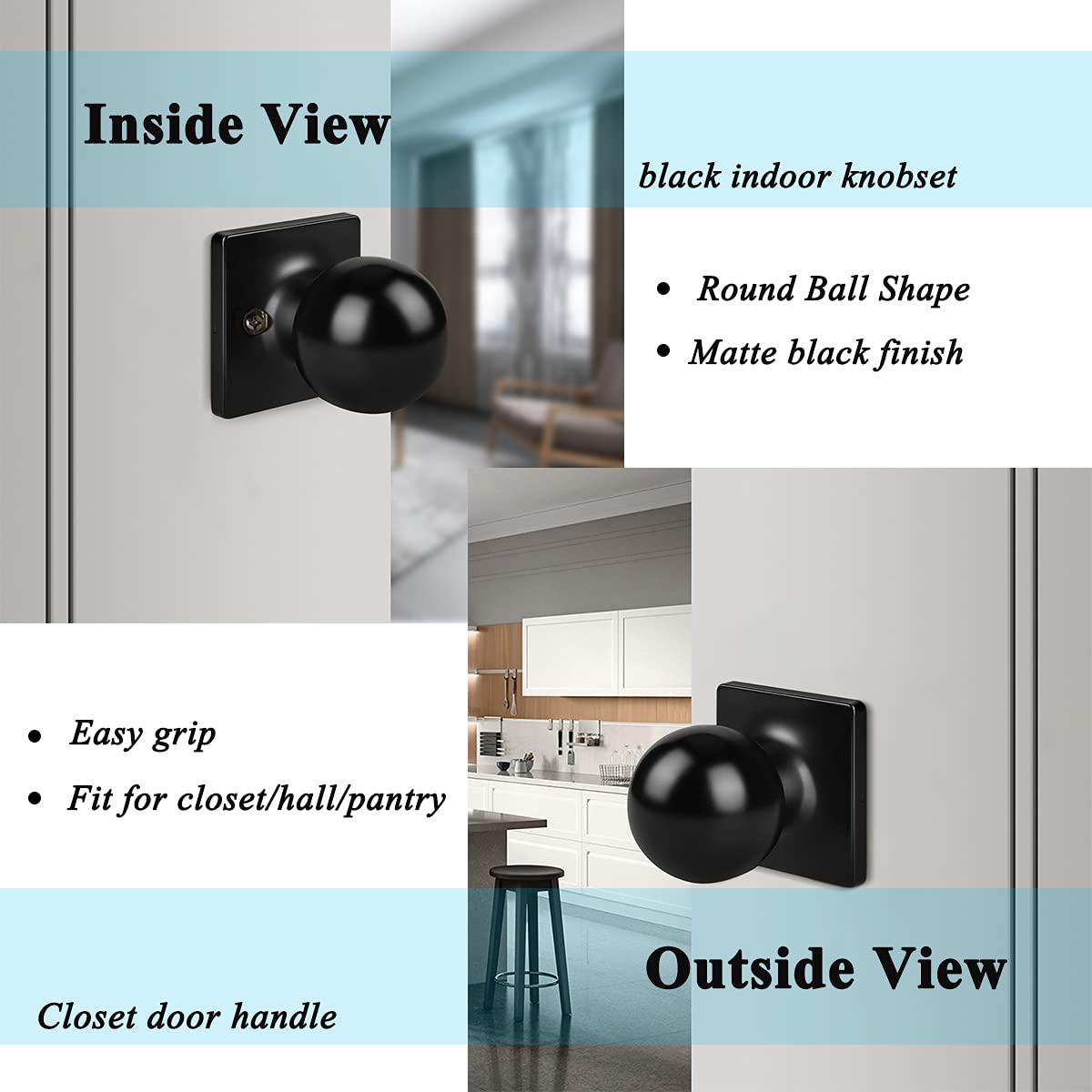 Gobrico 6-Pack Modern Matte Black Square Door Knobs - Keyless Passage Door Handles for Hallway, Closet, Laundry Room - Round Ball Style Interior Hardware for Home & Office Use