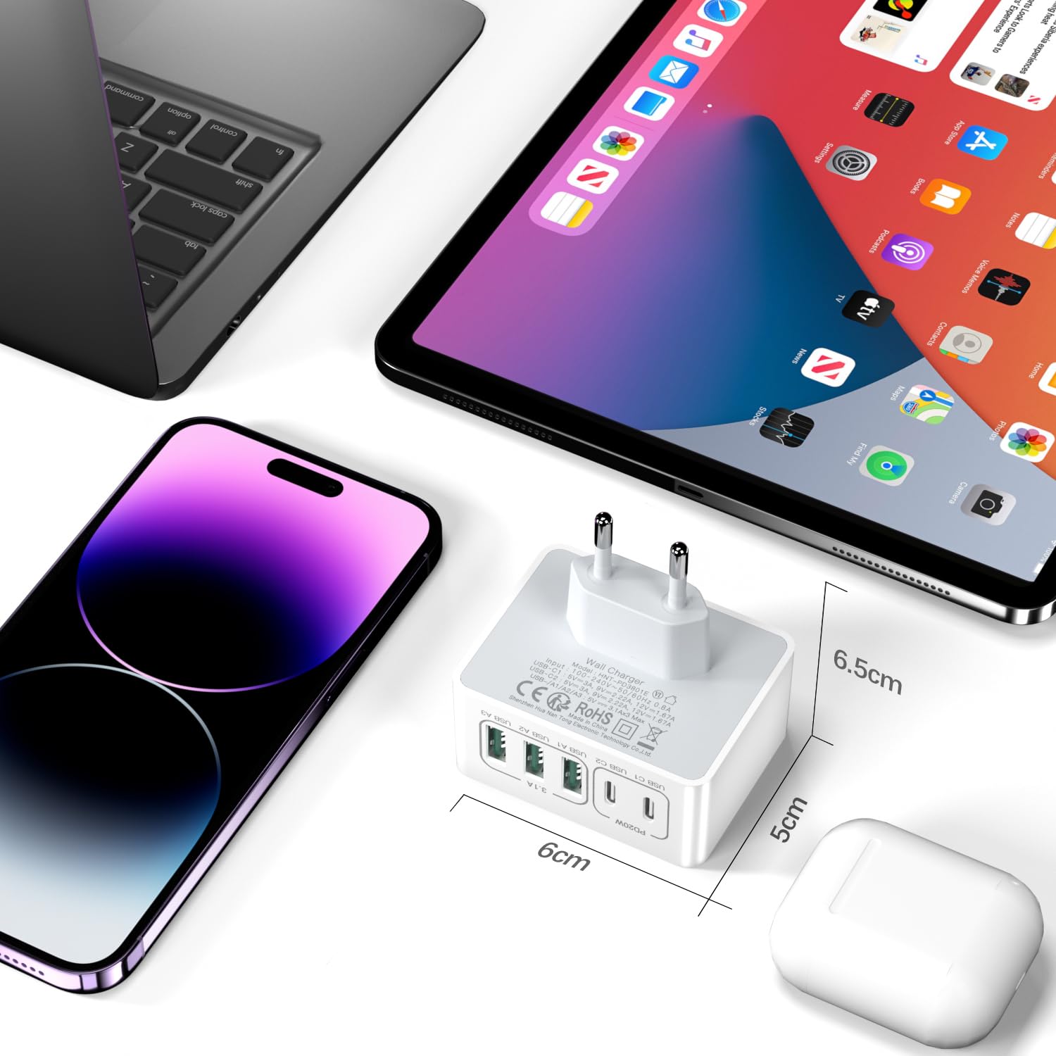 50W USB C Fast Charger with 5 Ports - Multi USB Charging Block for iPhone 16/15/14/13/12/11/SE, Samsung Galaxy, Android Phones - Compact Travel Charger for Home, Office, Car & Airplane Use