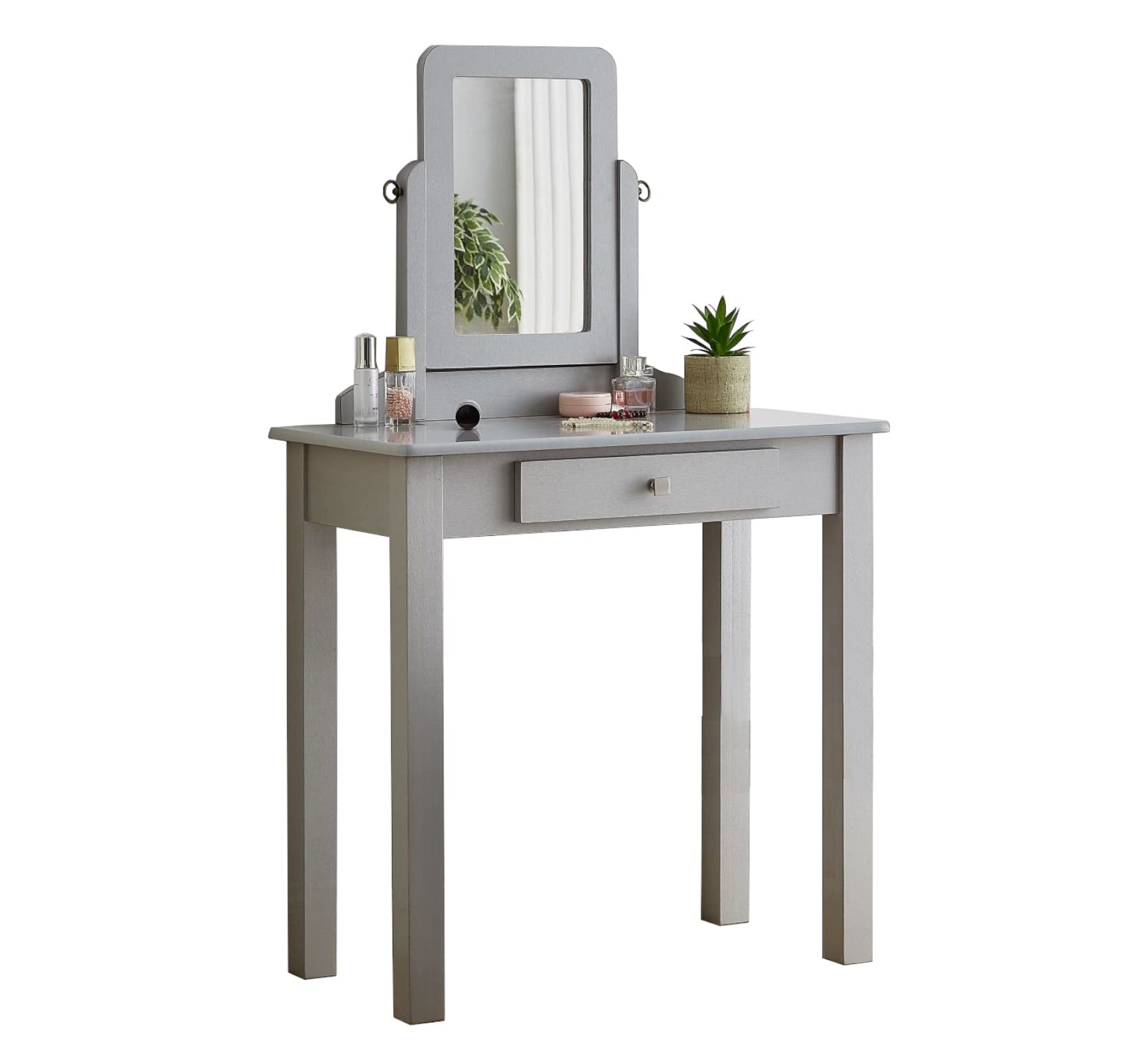 GTU Furniture Transitional Vanity Set with Mirror & Stool - Silver Finish | Elegant Dressing Table for Bedroom, Bathroom & Makeup Area | Perfect for Women's Beauty Routine & Home Decor