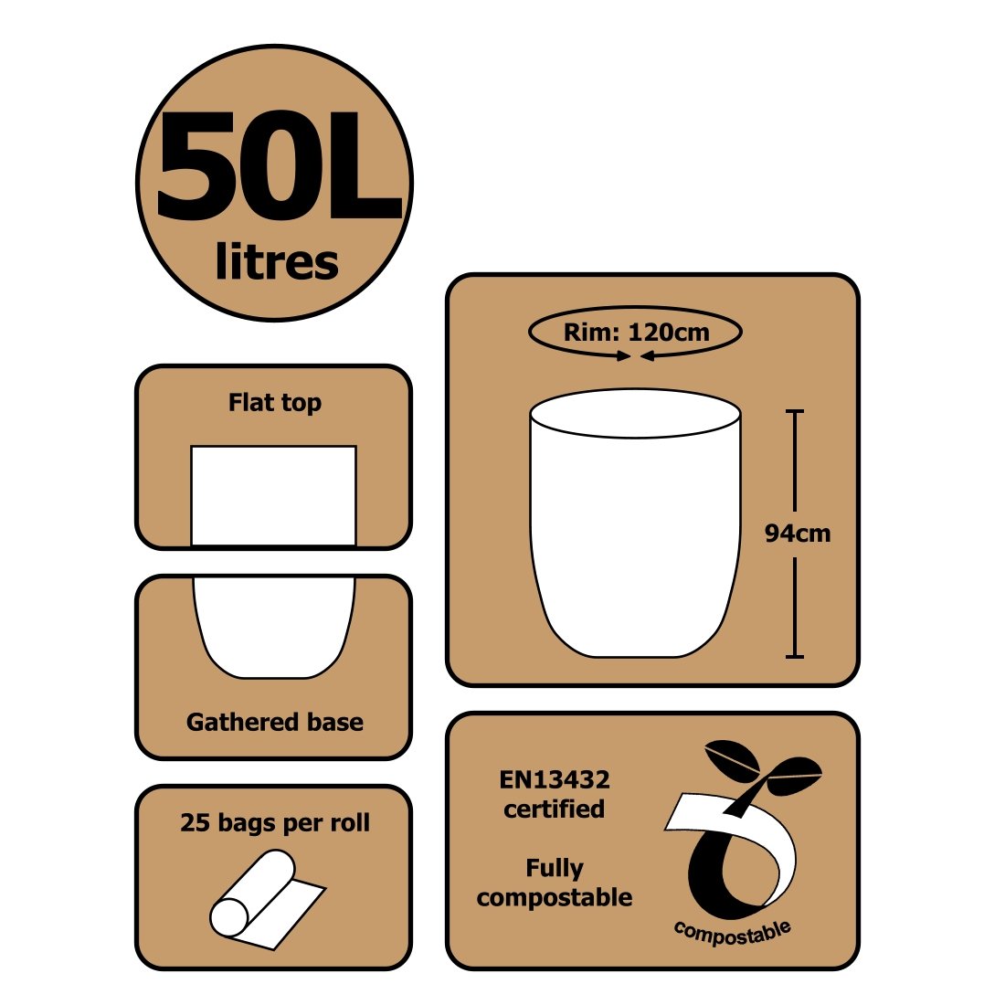 50L x 75 Count Compostable Kitchen Trash Bags - Biodegradable Food Waste Bin Liners - EN 13432 Certified Eco-Friendly Garbage Bags for Swing Bin - Perfect for Home, Office & Restaurant Waste Disposal
