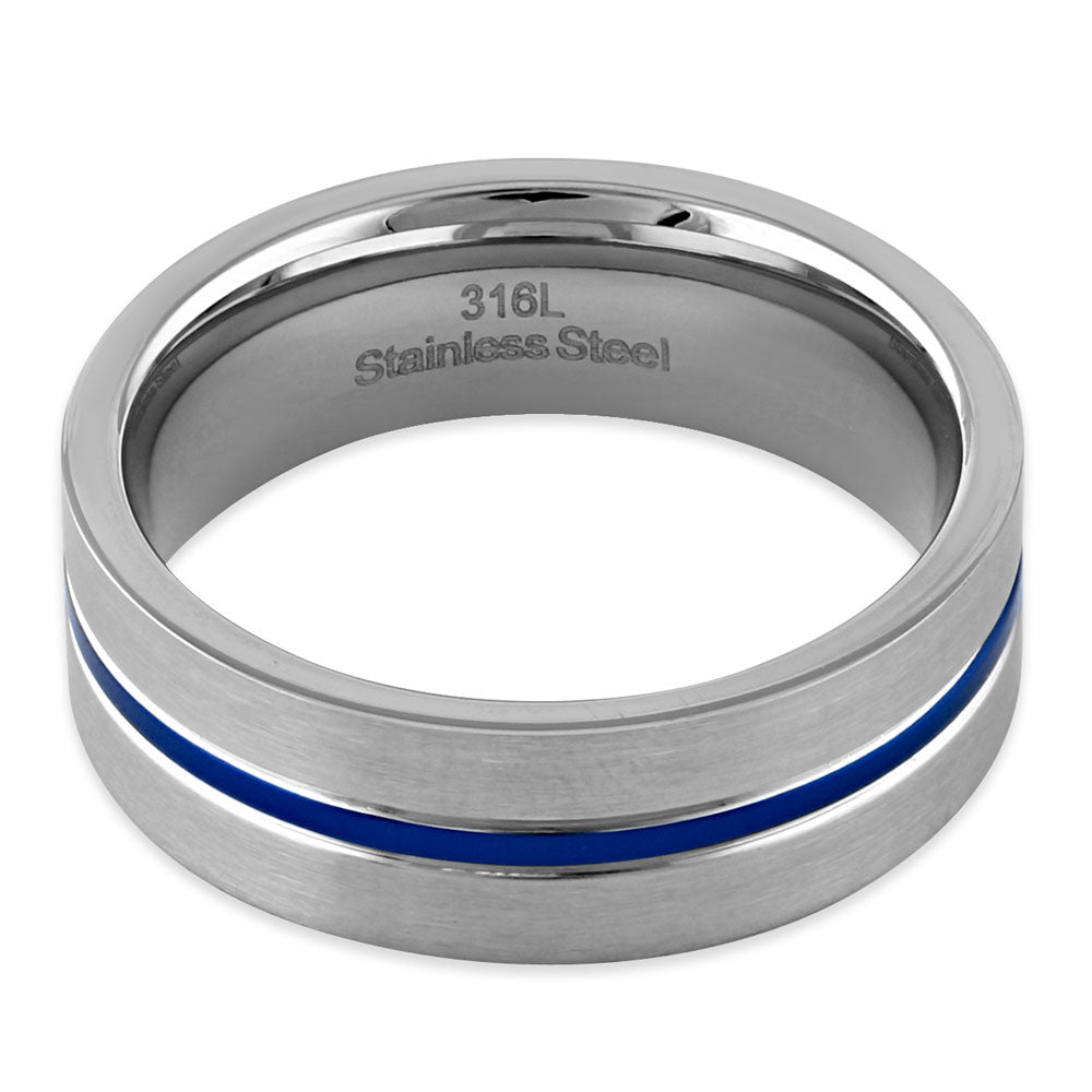 Stainless Steel 6.5mm Satin Finish Blue Striped Band Ring for Men & Women - Fashion Jewelry Gift for Anniversary, Wedding, Party & Everyday Wear