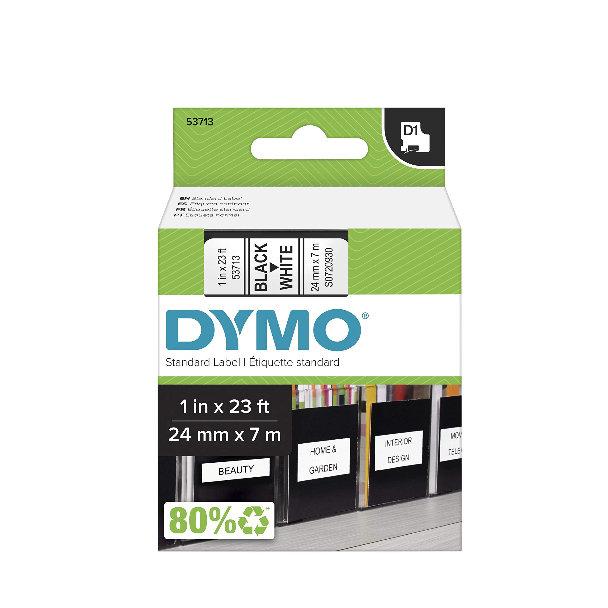 DYMO Standard D1 53713 Label Maker Tape - 1 Inch Wide x 23 Feet Long - Black on White Labels for Office, Shipping & Organization (1 Cartridge)