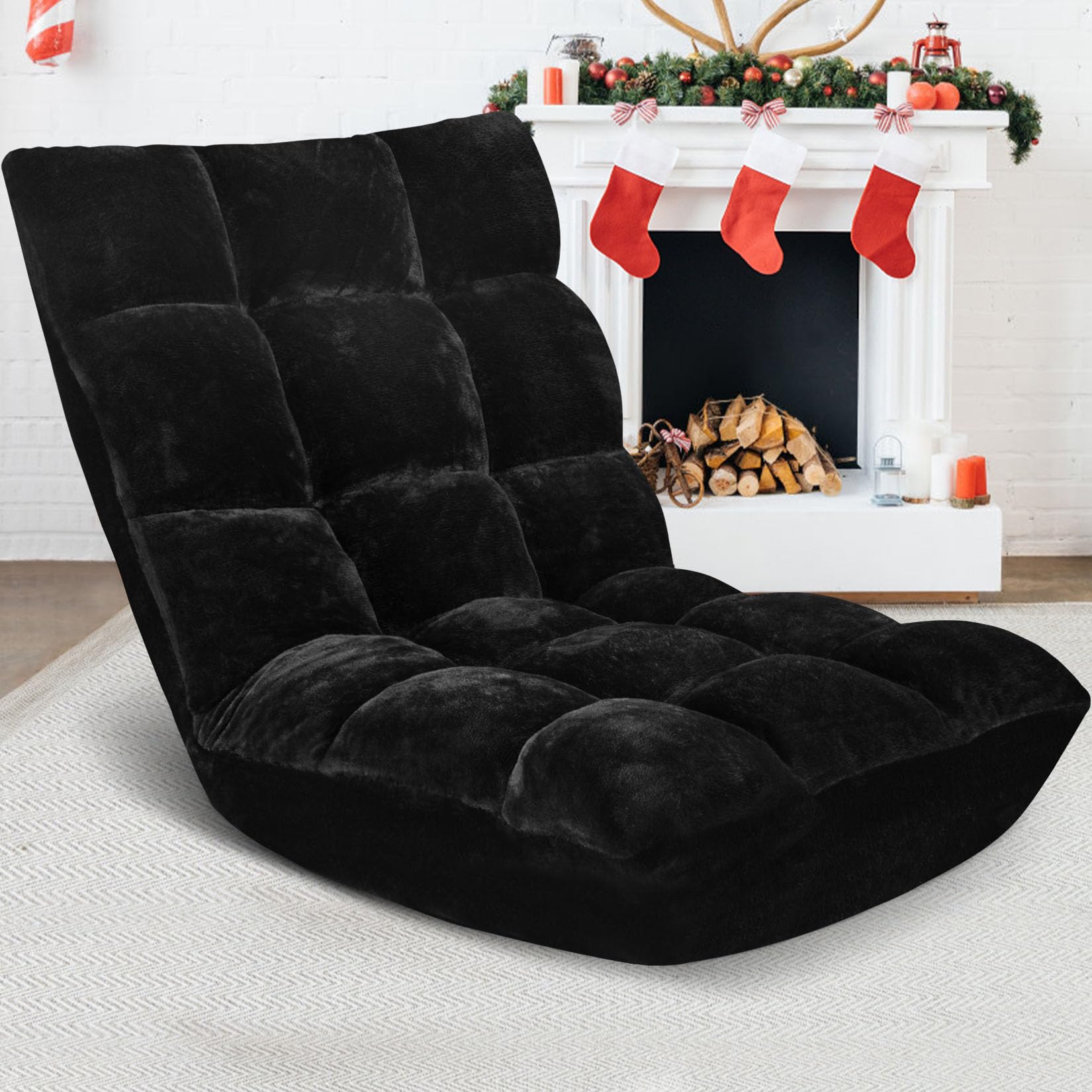 14-Position Adjustable Folding Floor Chair with Cushion - Breathable Cotton & Skin-Friendly Flannel - Perfect for Reading, Meditation, Yoga & Relaxation - Great for Adults & Kids - Black (Ideal for Living Room, Bedroom, Dorm & Office Use)