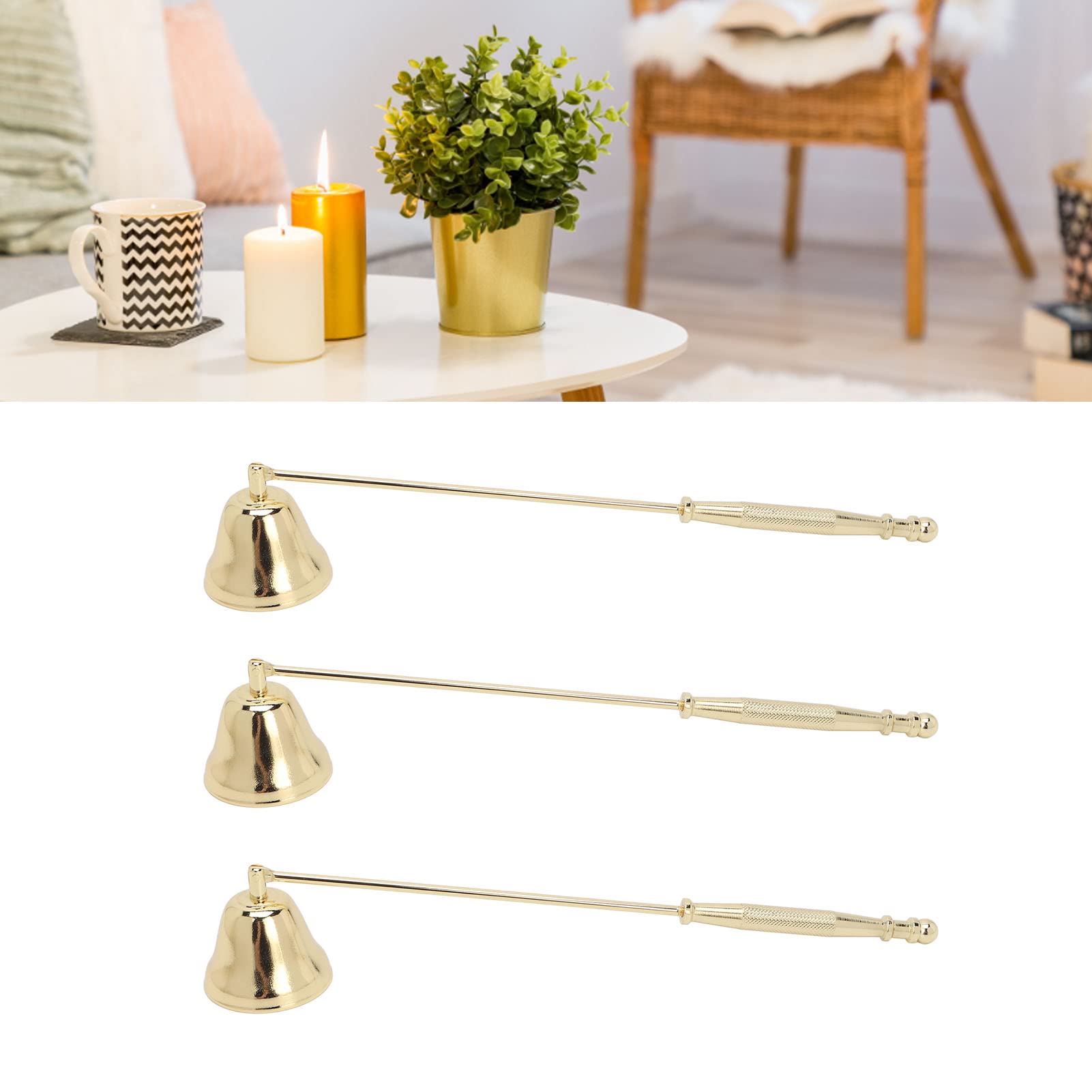 Golden Iron Plated Candle Snuffer Set with Long Handle - Bell Shape Wick Extinguisher for Home Decor, Wedding, Church & Relaxation