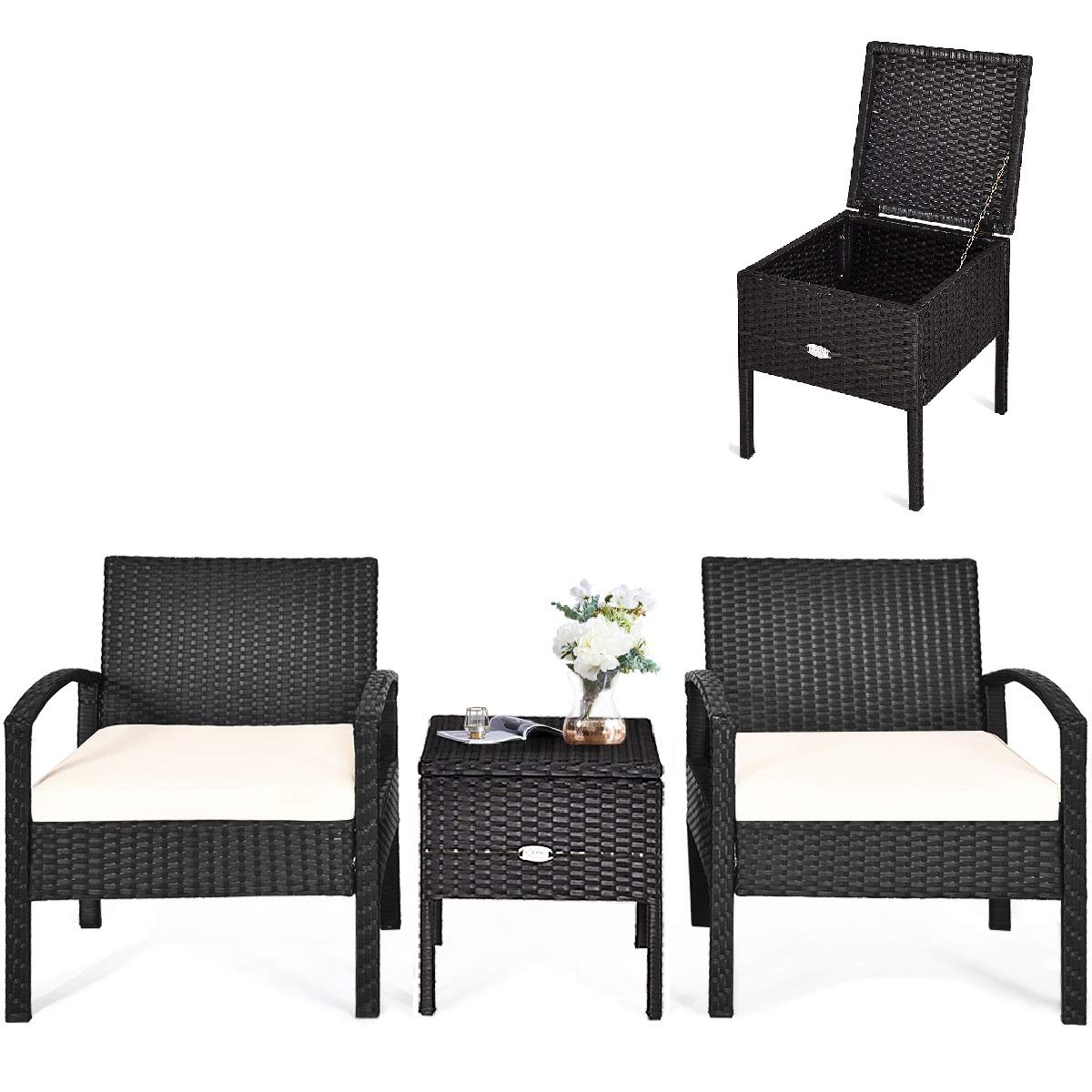 Happygrill 3-Piece Patio Furniture Set - Rattan Wicker Sofa with Removable Cushions & Coffee Table with Storage - Outdoor Conversation Set for Garden, Poolside, Balcony, Backyard & Patio Relaxation