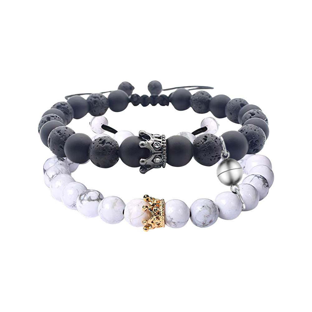 Personalized Natural Stone Couples Bracelets - King & Queen Crown Beaded Matching Set for Men & Women | Long Distance Relationship Gifts, Anniversary Presents & Romantic Couple Accessories