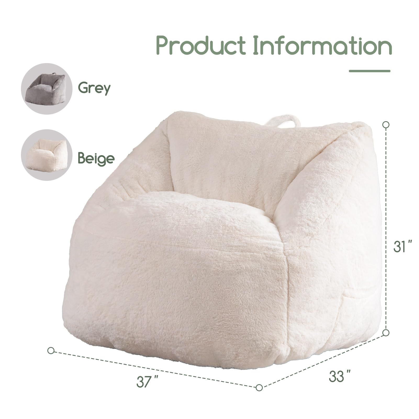 MAXYOYO Bean Bag Chair for Adults, Kids & Teens - Soft Floor Sofa with Handle for Gaming, Reading & Relaxing - Beige - Perfect for Living Room, Bedroom & Game Room