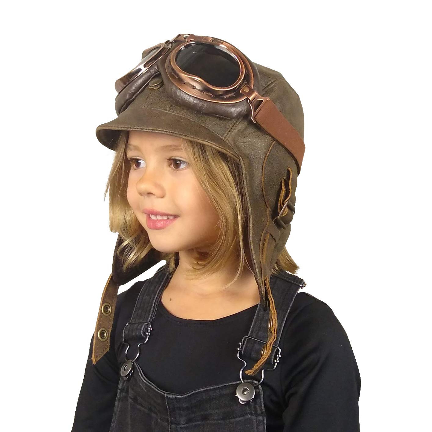 Kids Aviator Hat with Goggles - Genuine Brown Leather Pilot Cap for Boys & Girls - Adjustable XSmall Flying Helmet for Costume & Outdoor Play - Perfect for Halloween, Dress Up, and Aviation Themed Parties