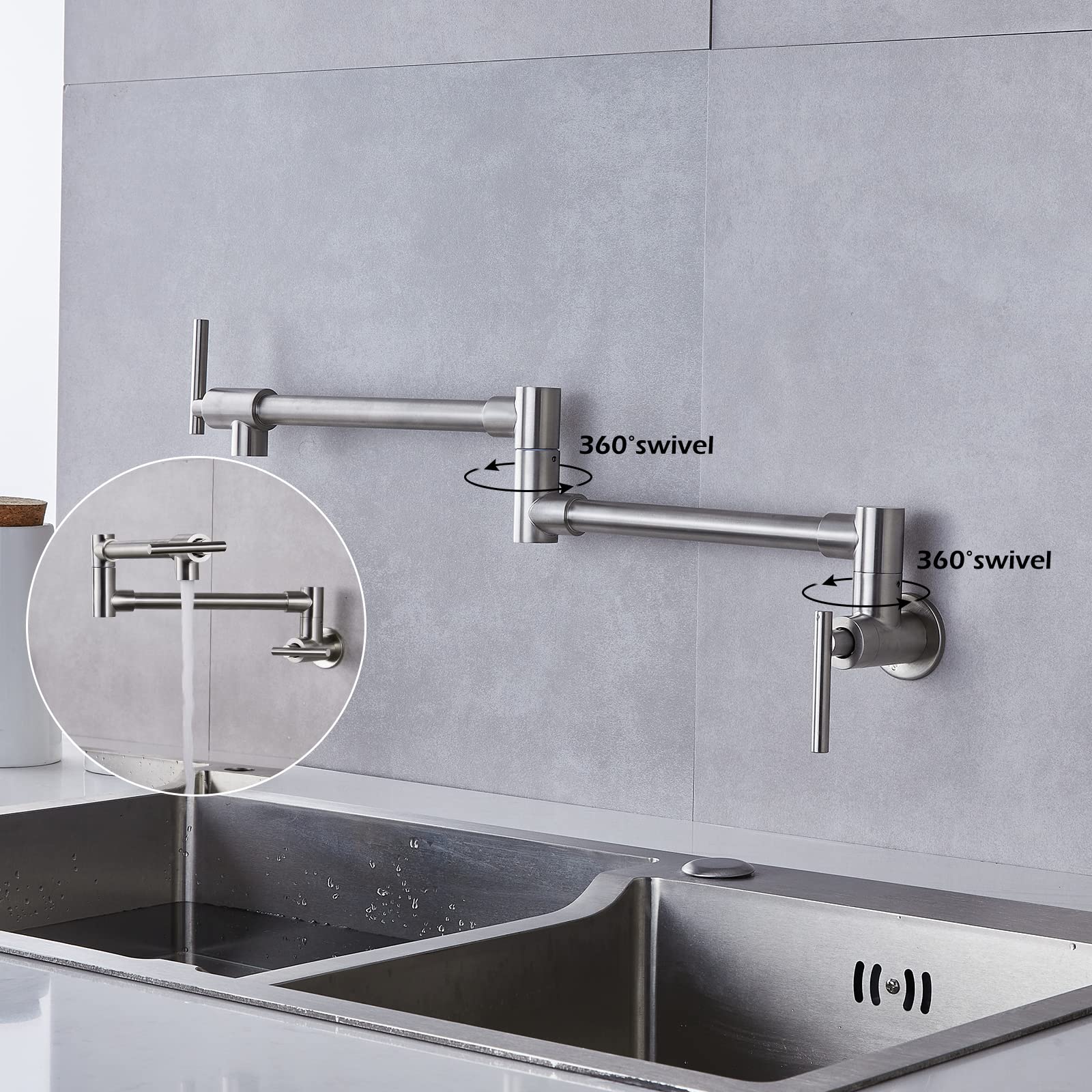 Brushed Nickel Wall Mount Pot Filler Faucet - Double Joint Swing Arm, Stainless Steel Commercial Kitchen Sink Faucet with Two Handles - Perfect for Cooking, Filling Large Pots & Commercial Kitchens