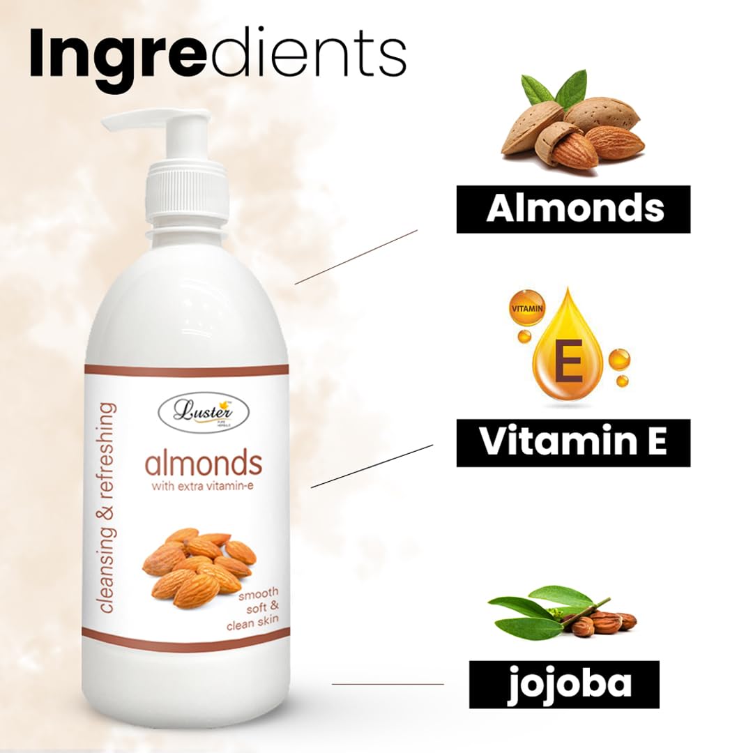 Luster Almond Nourishing Cleansing Milk for Face with Vitamin E | Gentle Makeup Remover for Dry & Oily Skin | Paraben & Sulfate Free | 600ml | Perfect for Daily Skincare Routine & Makeup Removal