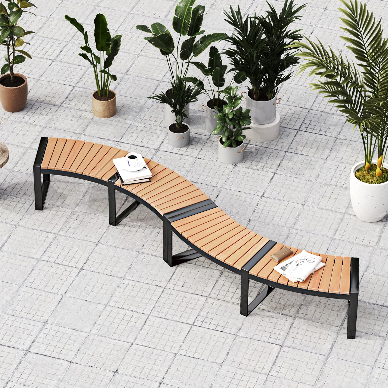 **Tangkula Patio Curved Bench - Acacia Wood Fire Pit Bench with Slatted Seat & Metal Legs - Outdoor Backless 2-Person Seating for Yard, Garden, Porch - 800 LBS Max Load - Oil Painted (2 Pack) - Perfect for Campfires, Outdoor Gatherings & Relaxation**