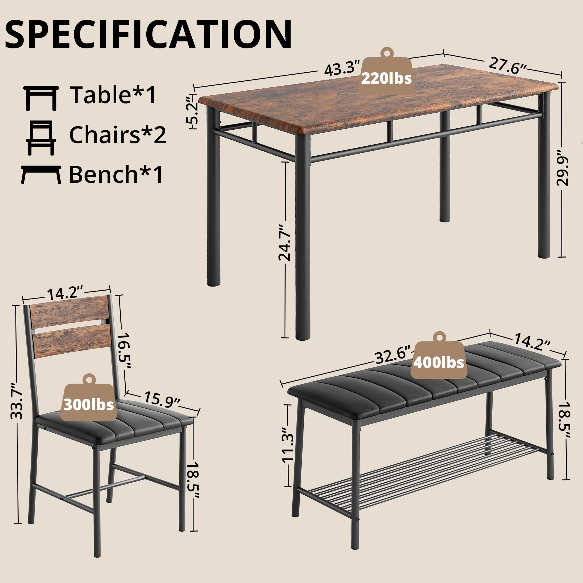 IRONCK 4-Piece Rustic Brown Dining Table Set with Upholstered Bench & 2 Chairs - Compact Kitchen Table for Small Spaces, Apartments - Perfect for Breakfast Nooks, Cozy Meals & Entertaining Guests
