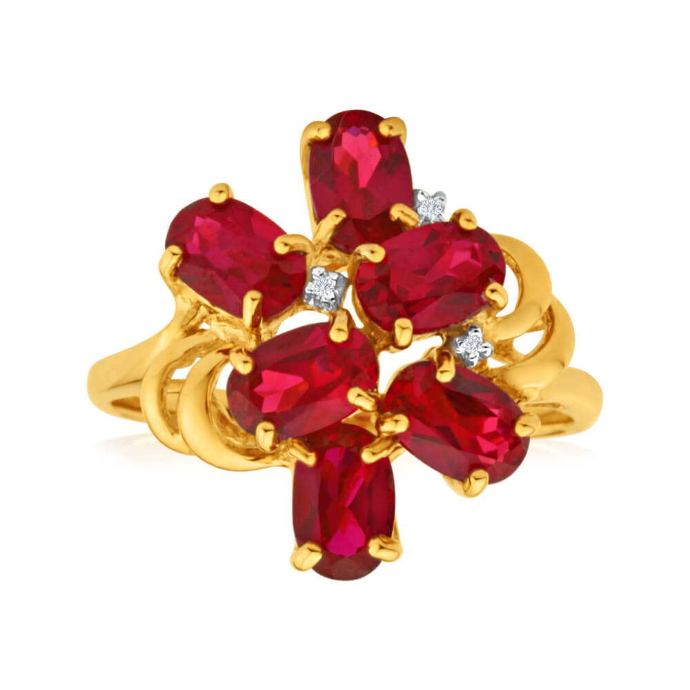 9ct Yellow Gold 6 Oval Created Ruby and 3 Diamond Ring for Women - Elegant Wedding, Engagement & Anniversary Jewelry Gift