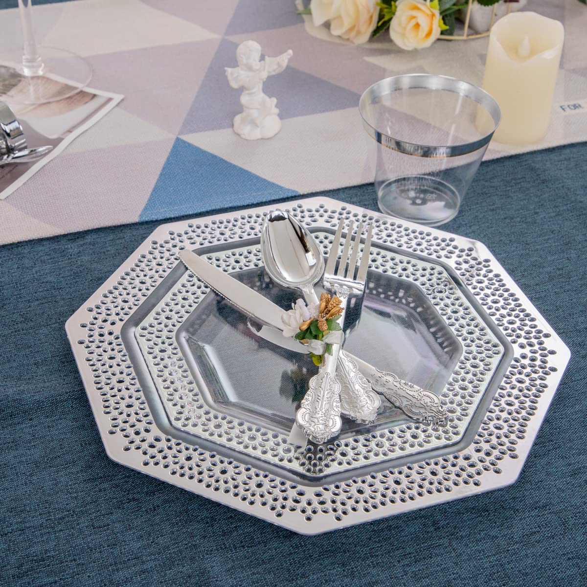 DaYammi 150-Piece Disposable Silver Plastic Dinnerware Set - 30 Dinner Plates, 30 Dessert Plates, 30 Forks, 30 Knives, 30 Spoons - Elegant Plastic Cutlery for Wedding, Party, Banquet & Catering Events