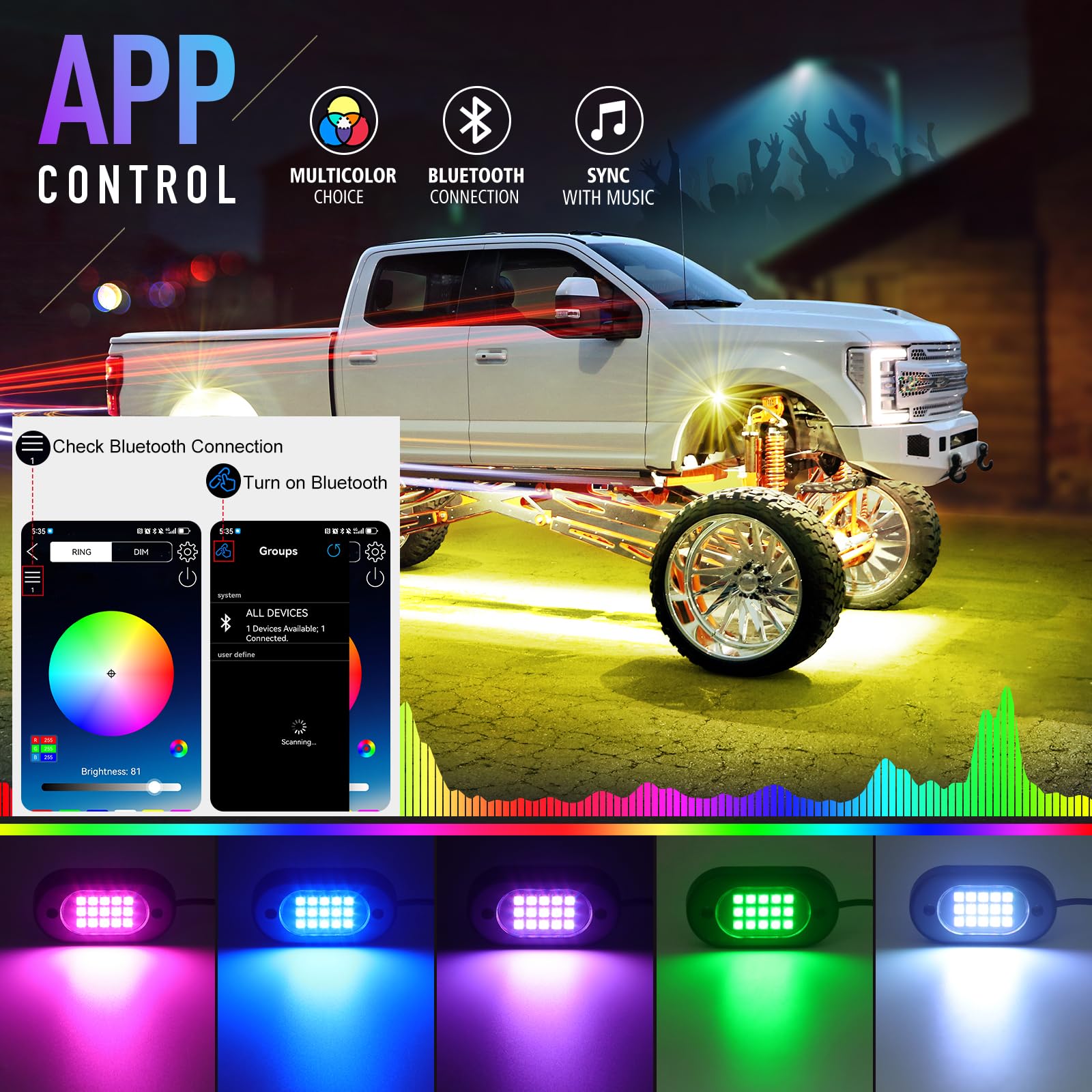 Honalia 12-Pod Multicolor LED Rock Lights for Trucks - App Controlled RGB Underglow Lights with Music Sync Mode | Waterproof 12V Rock Lights for UTV, SUV, ATV, RZR | Perfect for Off-Roading, Car Shows & Night Driving