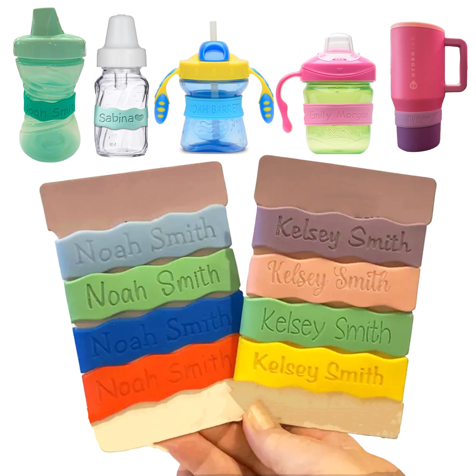 Custom Silicone Baby Bottle Labels - Personalized Waterproof Name Bands for Daycare & School - Reusable Laser Engraved Cup Grip Bands (Pack of 4) - Perfect for Organizing Kids' Bottles at Nursery, Preschool and Playdates