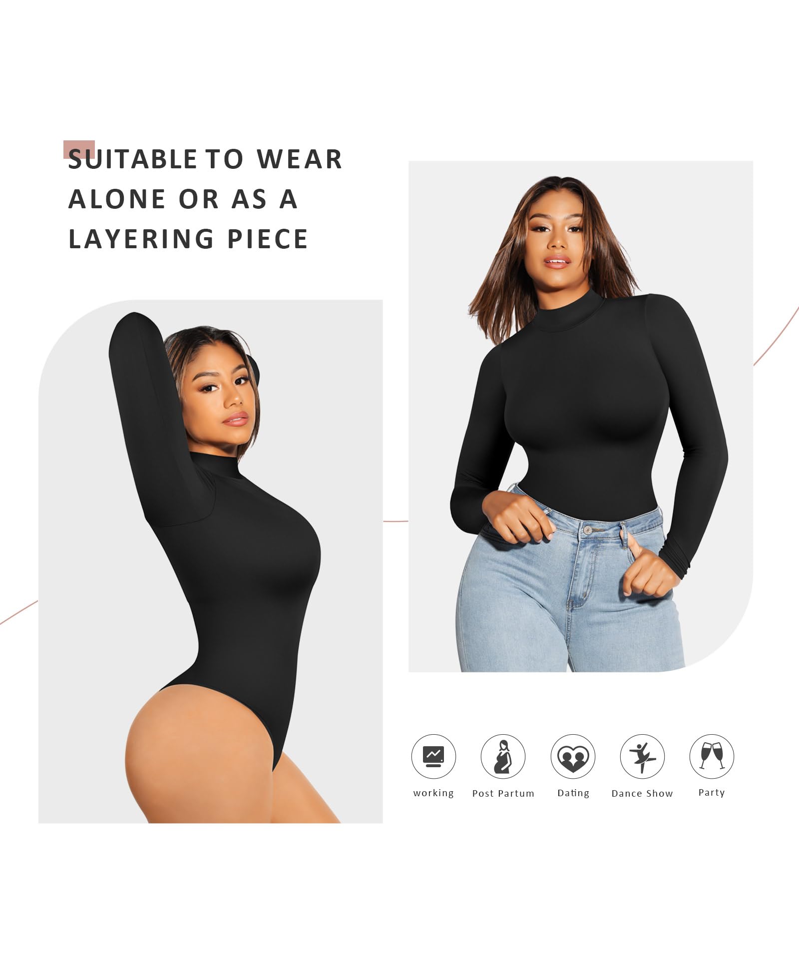 FeelinGirl Women's Seamless Long Sleeve Thong Bodysuit - Tummy Control Shapewear for Slimming & Smoothing - Perfect for Layering Under Dresses or Casual Outfits
