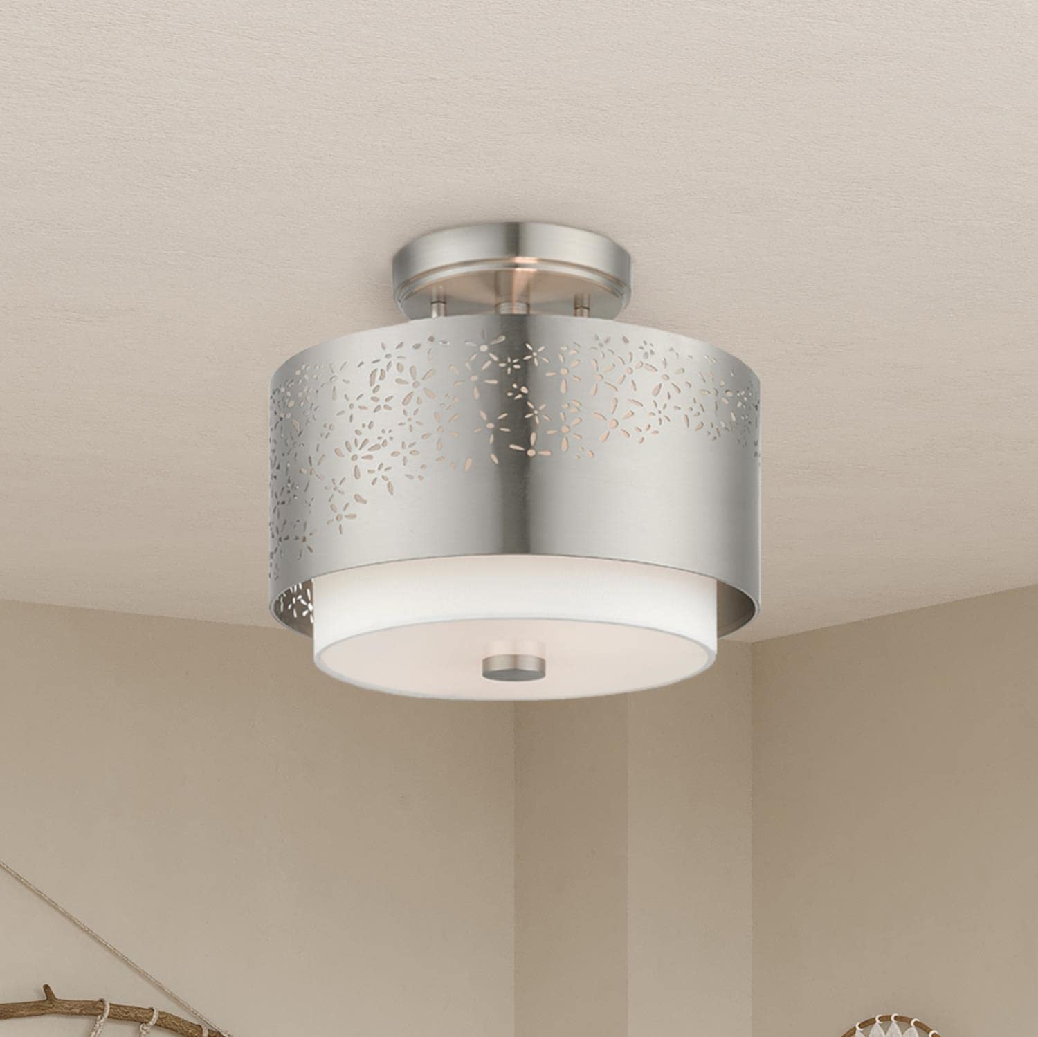 Livex Lighting Noria 2-Light Brushed Nickel Ceiling Mount Fixture - Modern Flush Mount Light for Bedroom, Kitchen & Hallway