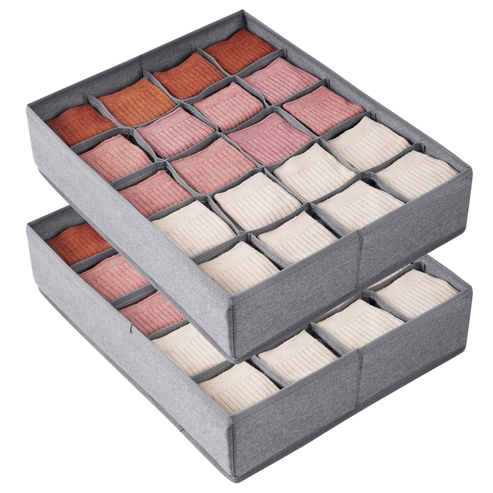 Qozary 2 Pack Socks and Underwear Drawer Organizer with Solid Bottom - 20 Cells Closet Storage Box for Clothes, Lingerie, Ties (Gray) | Perfect for Bedroom, Dresser, Wardrobe and Travel Packing Organization
