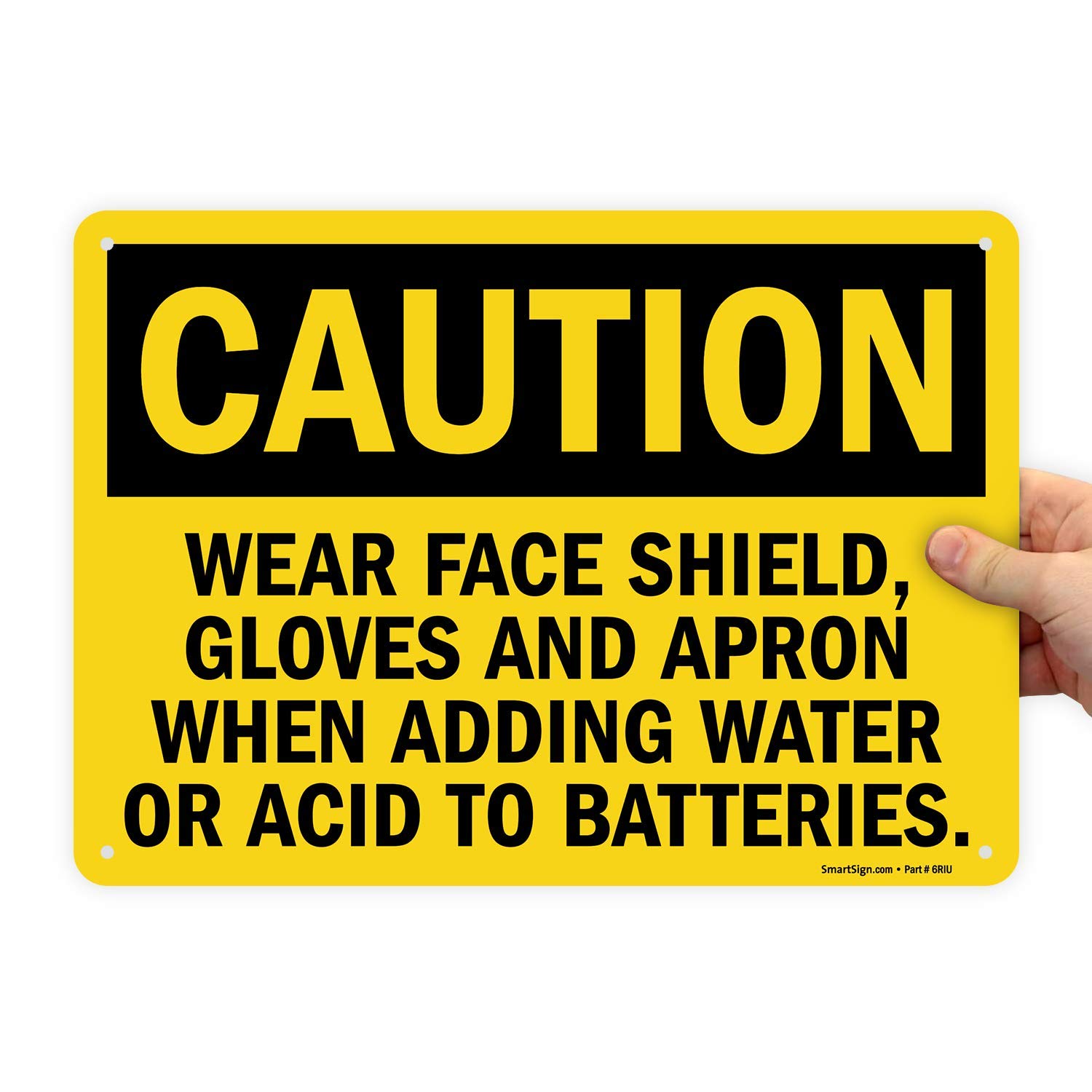 SmartSign Caution - Wear Face Shield, Gloves & Apron When Adding Water/Acid to Batteries Sign | 10x14 Inch Durable Plastic Safety Sign | Battery Maintenance, Workplace Safety, Chemical Handling