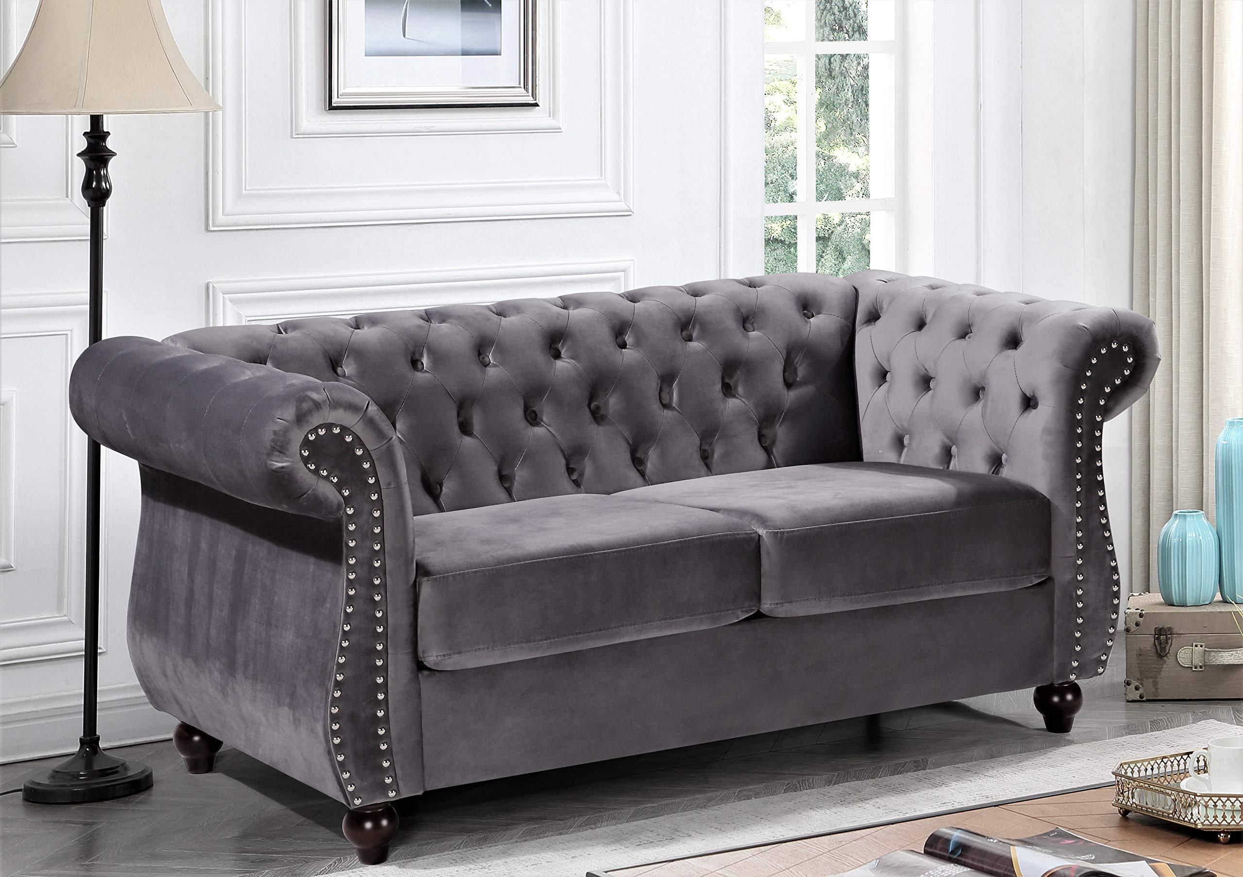 Modern Velvet Chesterfield Sofa & Loveseat Set with Nailhead Trim & Diamond Tufting - Durable Metal Frame Living Room Furniture in Gray - Perfect for Home Office, Lounge & Formal Sitting Areas