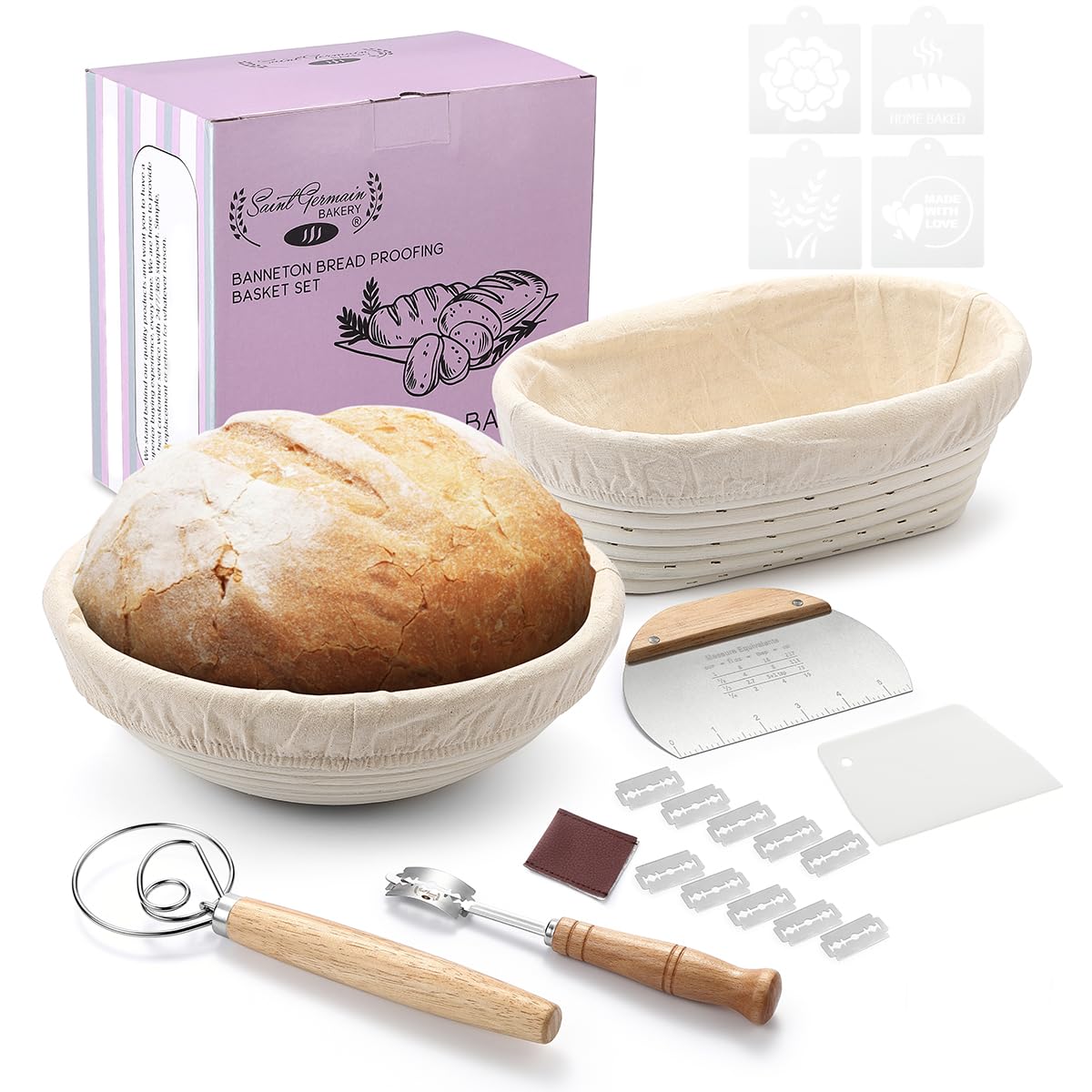 Saint Germain Bakery Premium Round & Oval Bread Banneton Basket with Linen Liner - 10 Inch Brotform Proofing Basket for Artisan Sourdough, Baguettes & Homemade Bread - Perfect for Baking, Gifting & Professional Bakeries